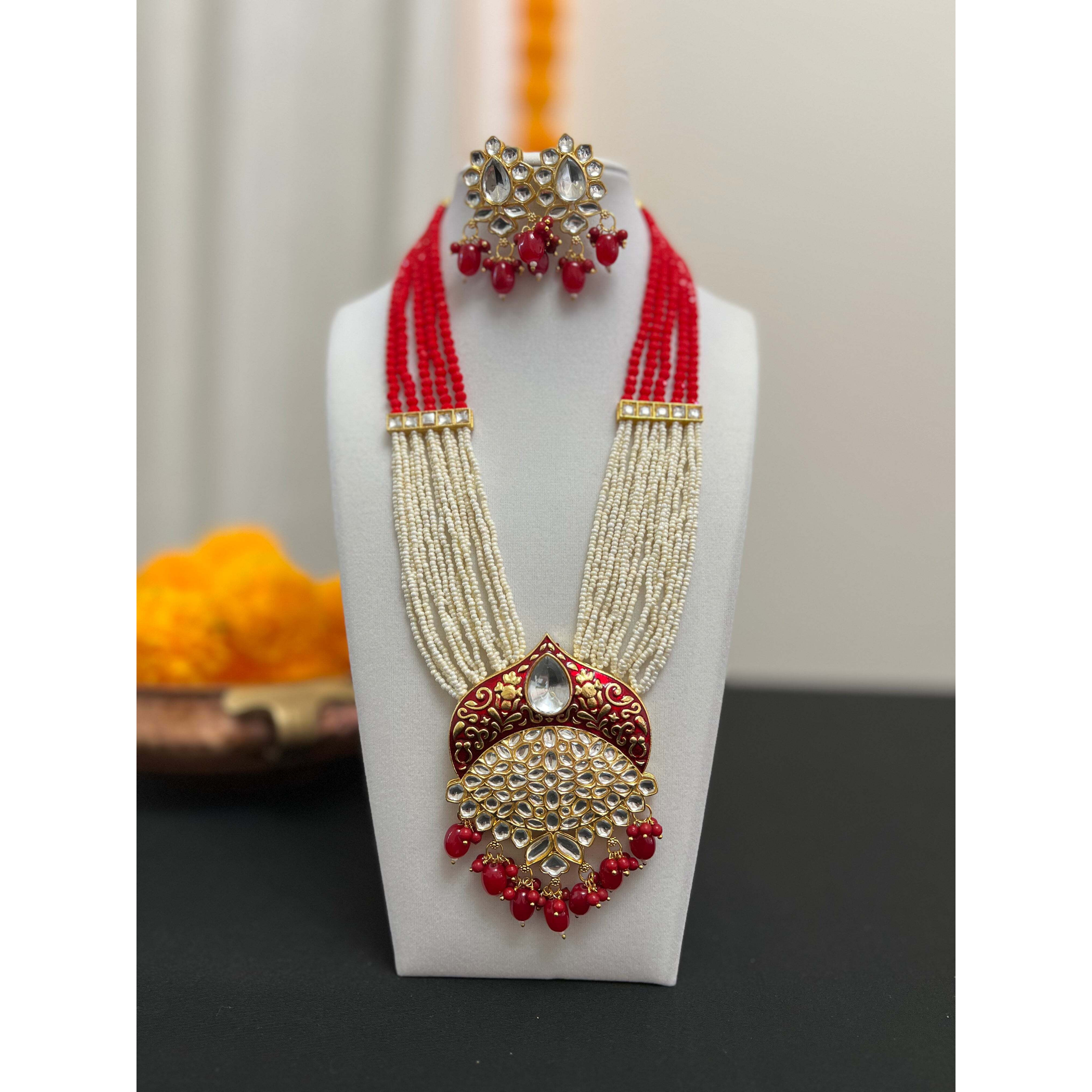 Beads stranded necklace and earring set | Red Rani haar | Long mala multilayered red beads necklace