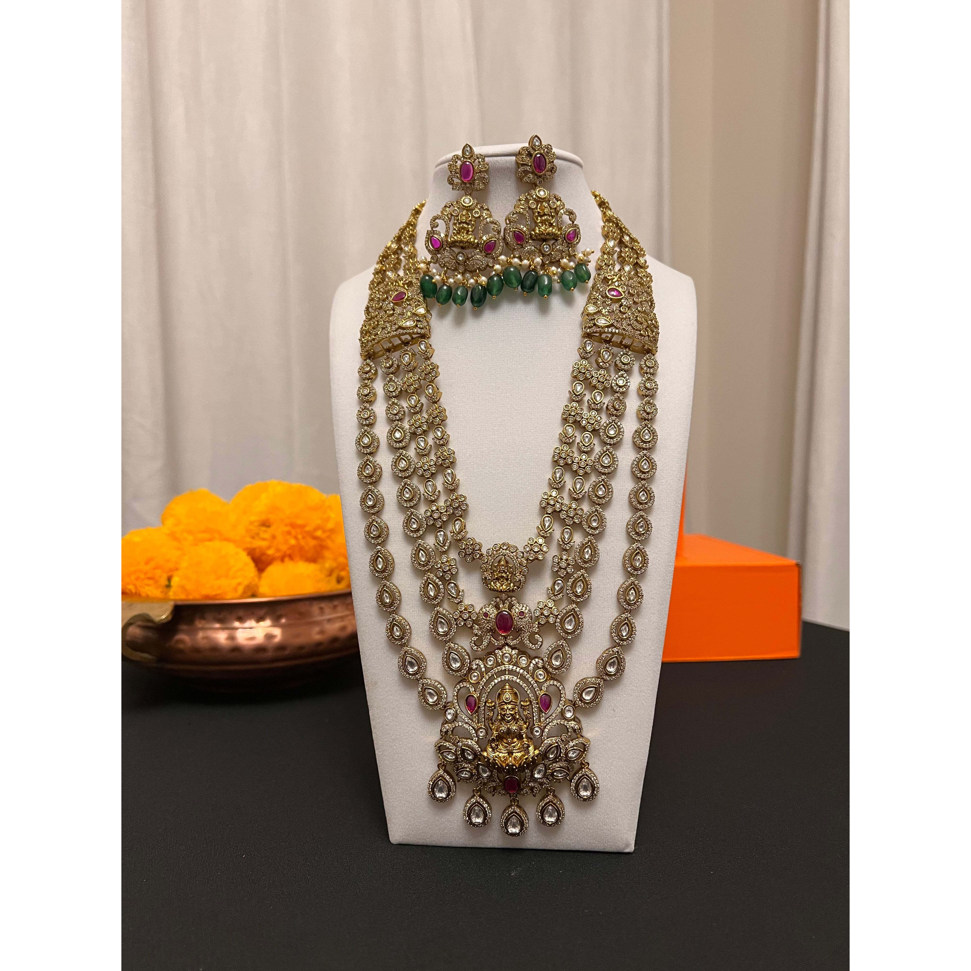 Moissanite stranded Rani haar | 4 layered moissanite necklace and earring set with victorian finish | Green and pink stone necklace