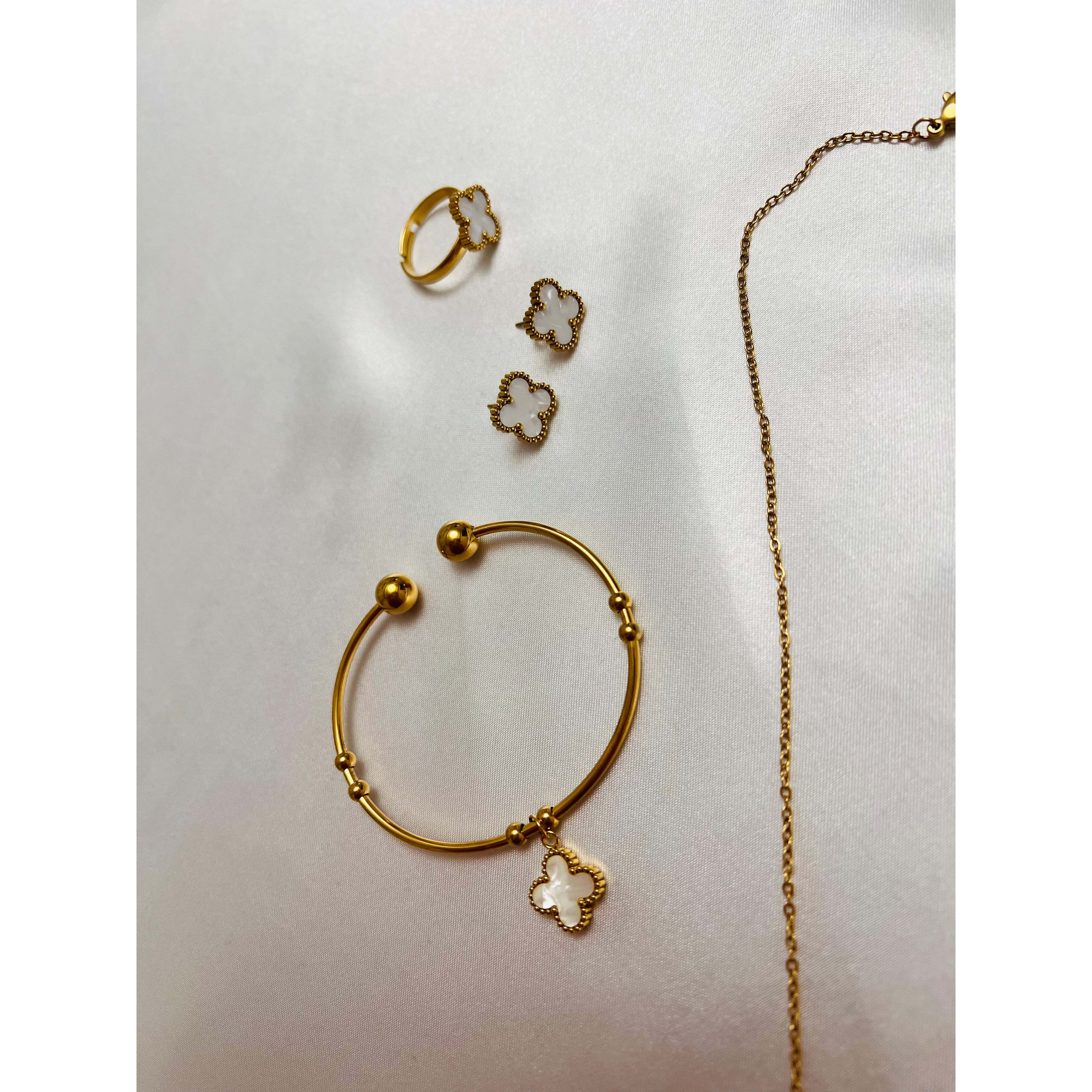 4 leaf clover necklace earring bracelet ring set golden stainless steel waterproof anti tarnish jewelry