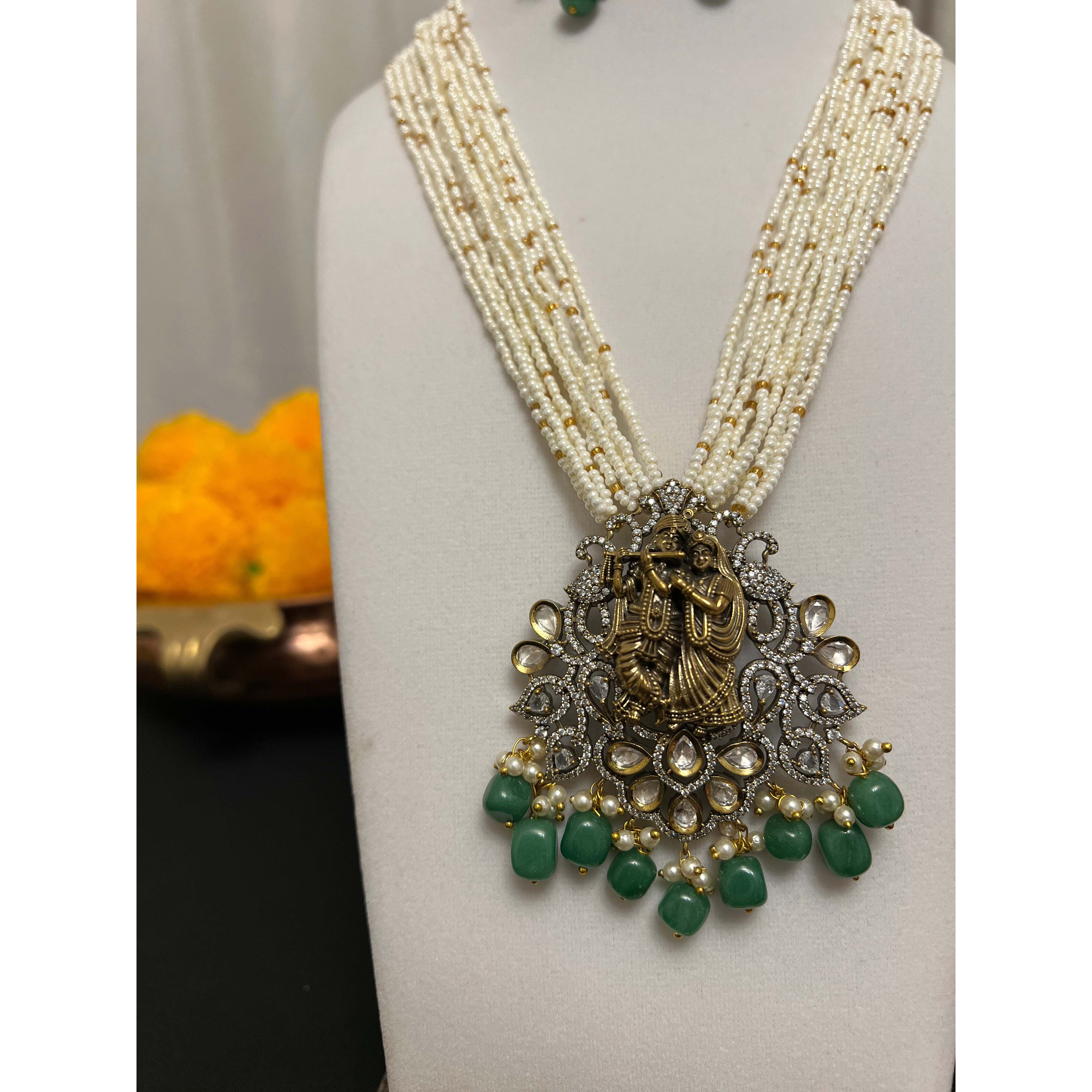 Radha Krishna long mala | Stranded beads necklace with victorian finish | Green stone necklace set
