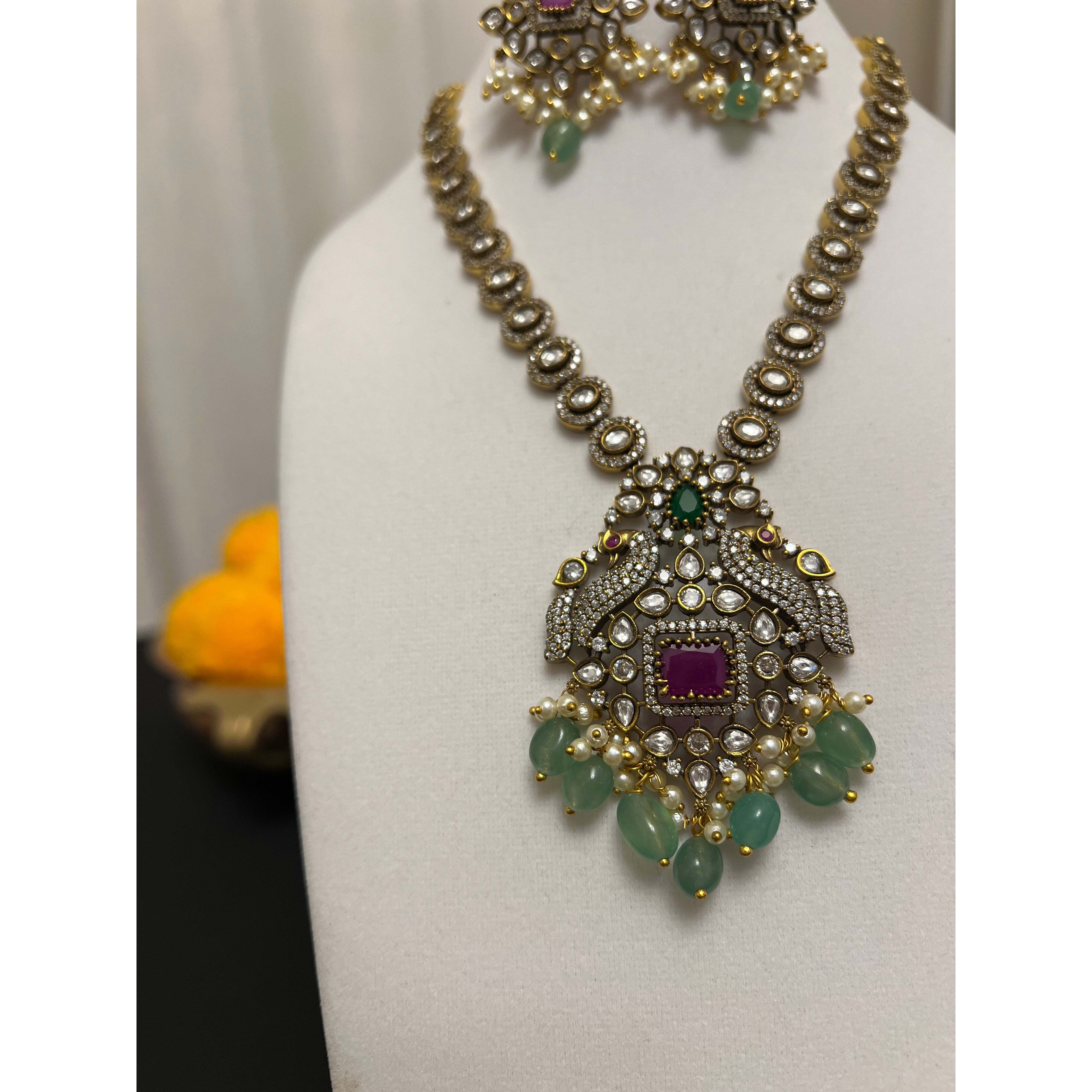 Moissanite victorian finish necklace set with green and pink stones | Peacock necklace set