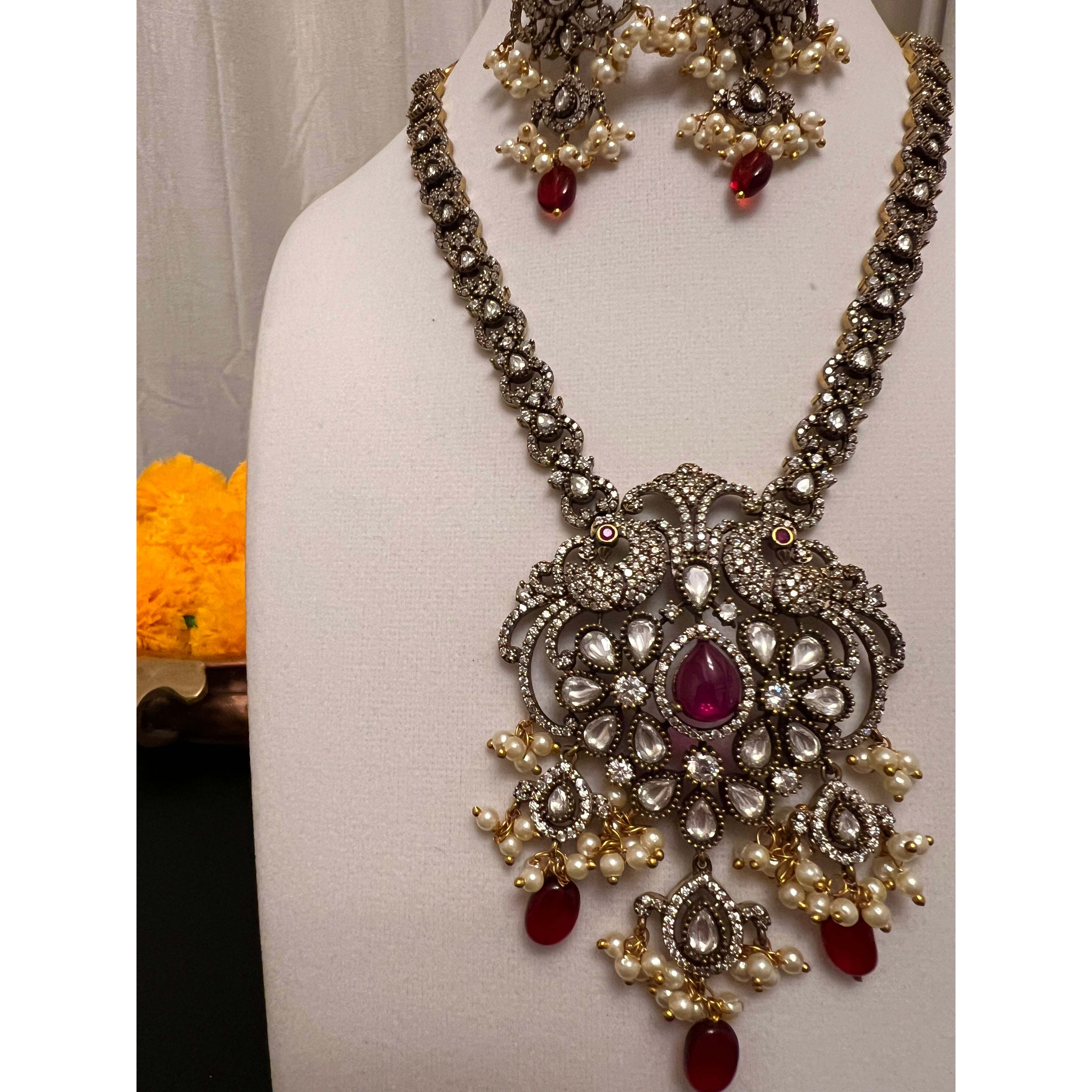 Moissanite necklace set with victorian finish | Red stone peacock necklace set
