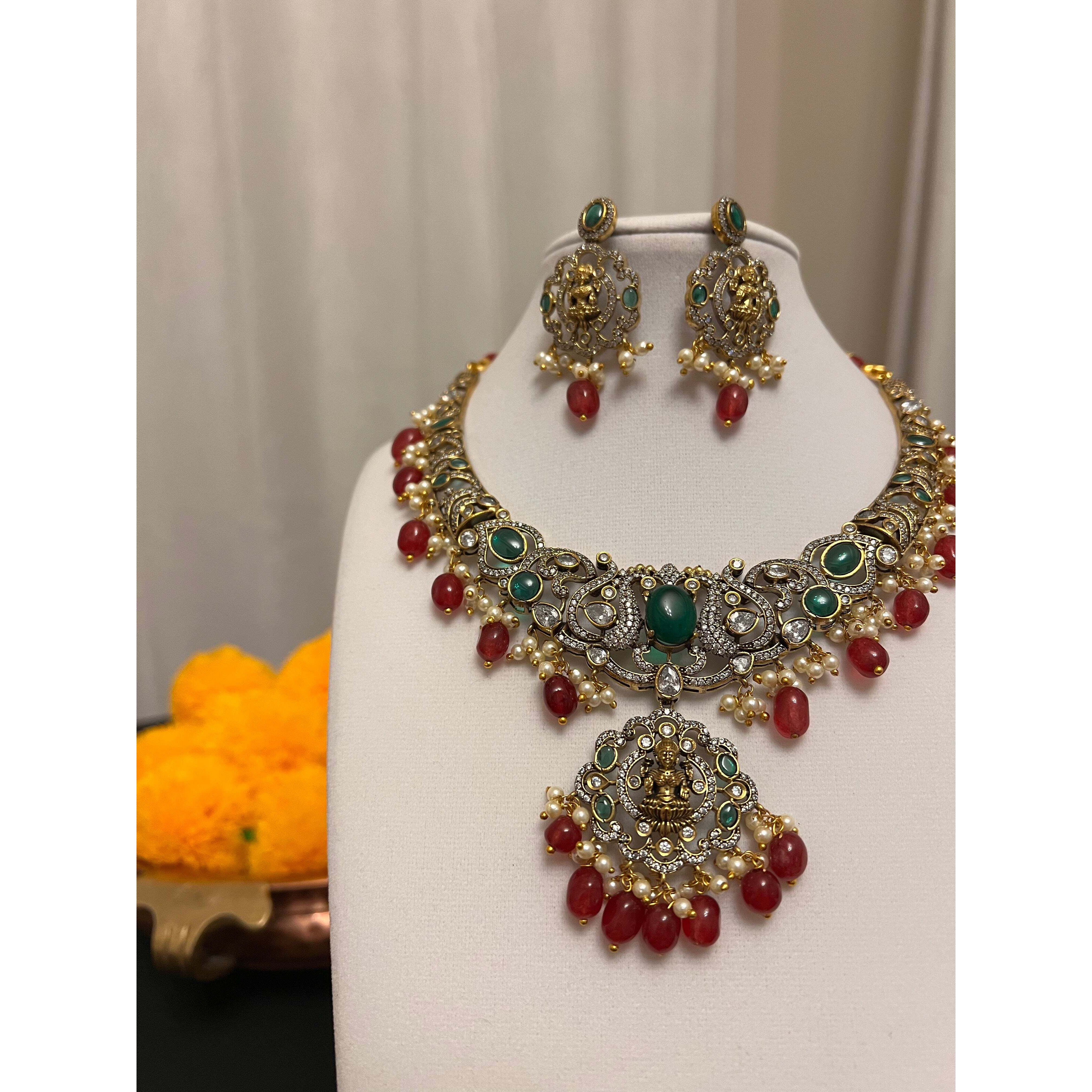 Victorian finish choker with Maa Laxmi motif necklace set | Red and green stones necklace earring set | Choker / bib necklace