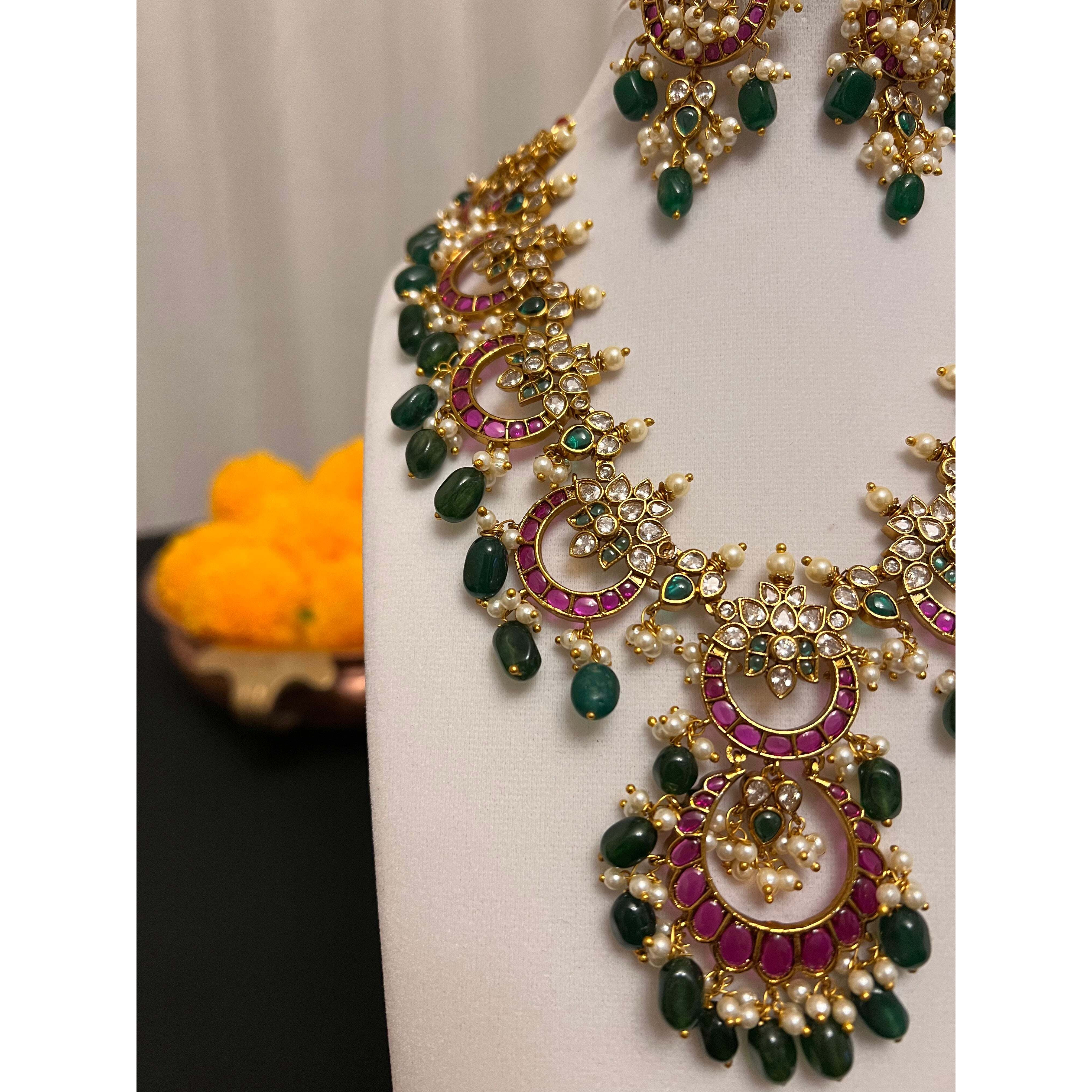 Jadau kundan necklace earring set | Chandbali design necklace set with victorian finish | Green and pink stone