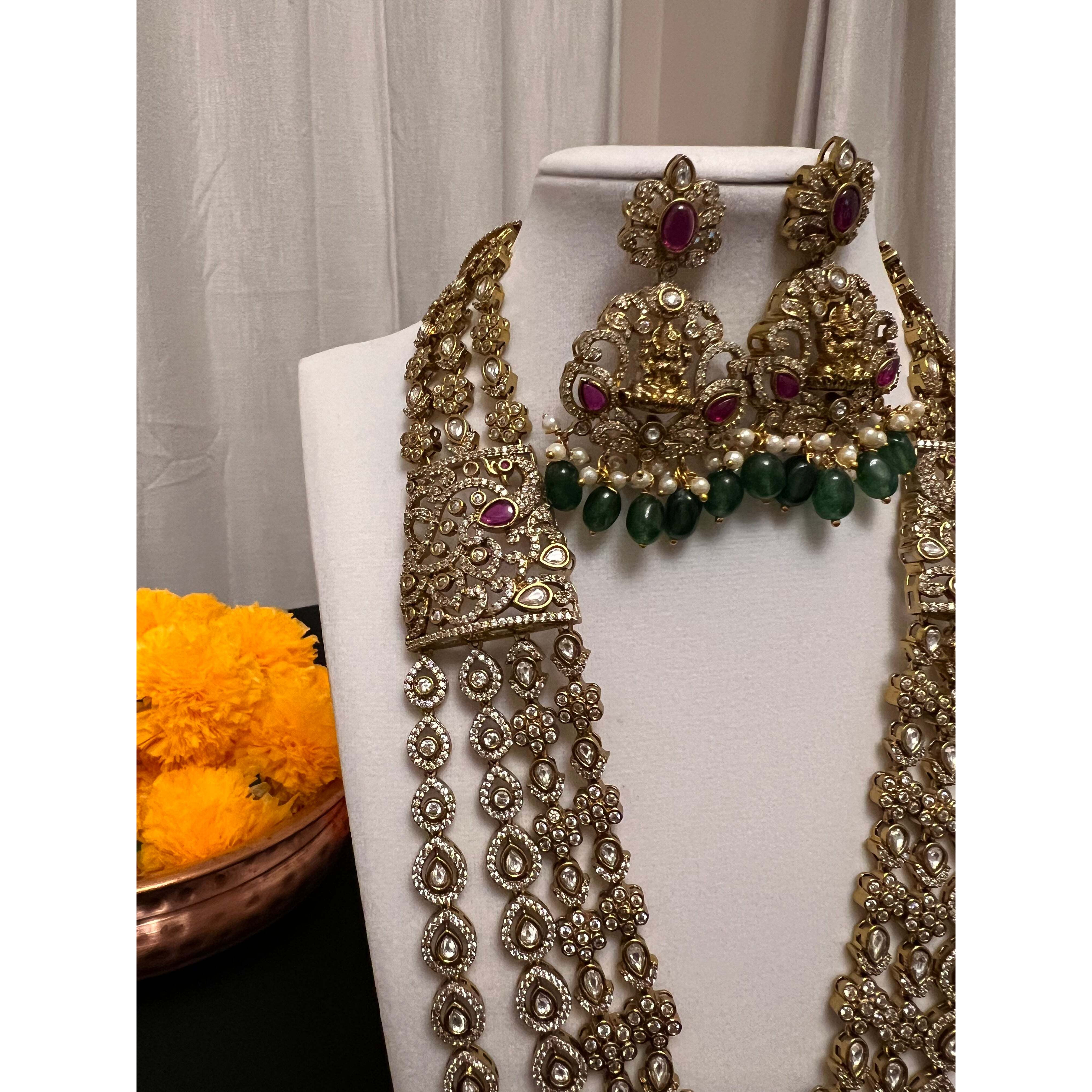 Moissanite stranded Rani haar | 4 layered moissanite necklace and earring set with victorian finish | Green and pink stone necklace