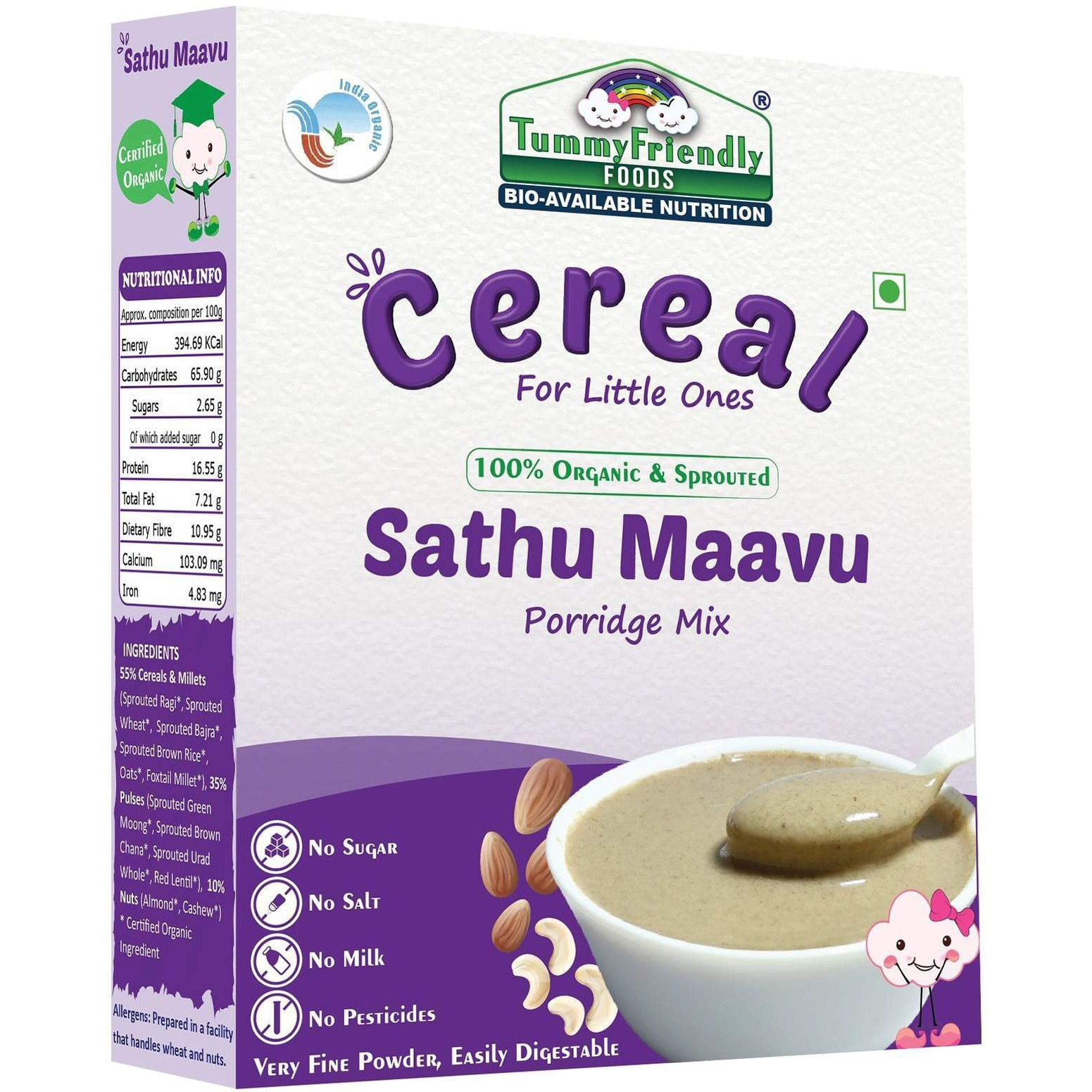 TummyFriendly Foods Certified USDA Organic Sprouted Sathu Maavu Porridge Mix |Made of Sprouted Ragi, Whole Grains, Pulses & Nuts | Rich in Protein & healthy-Fat For Baby Weight Gain| 200g Cereal (200 g, 8+ Months)