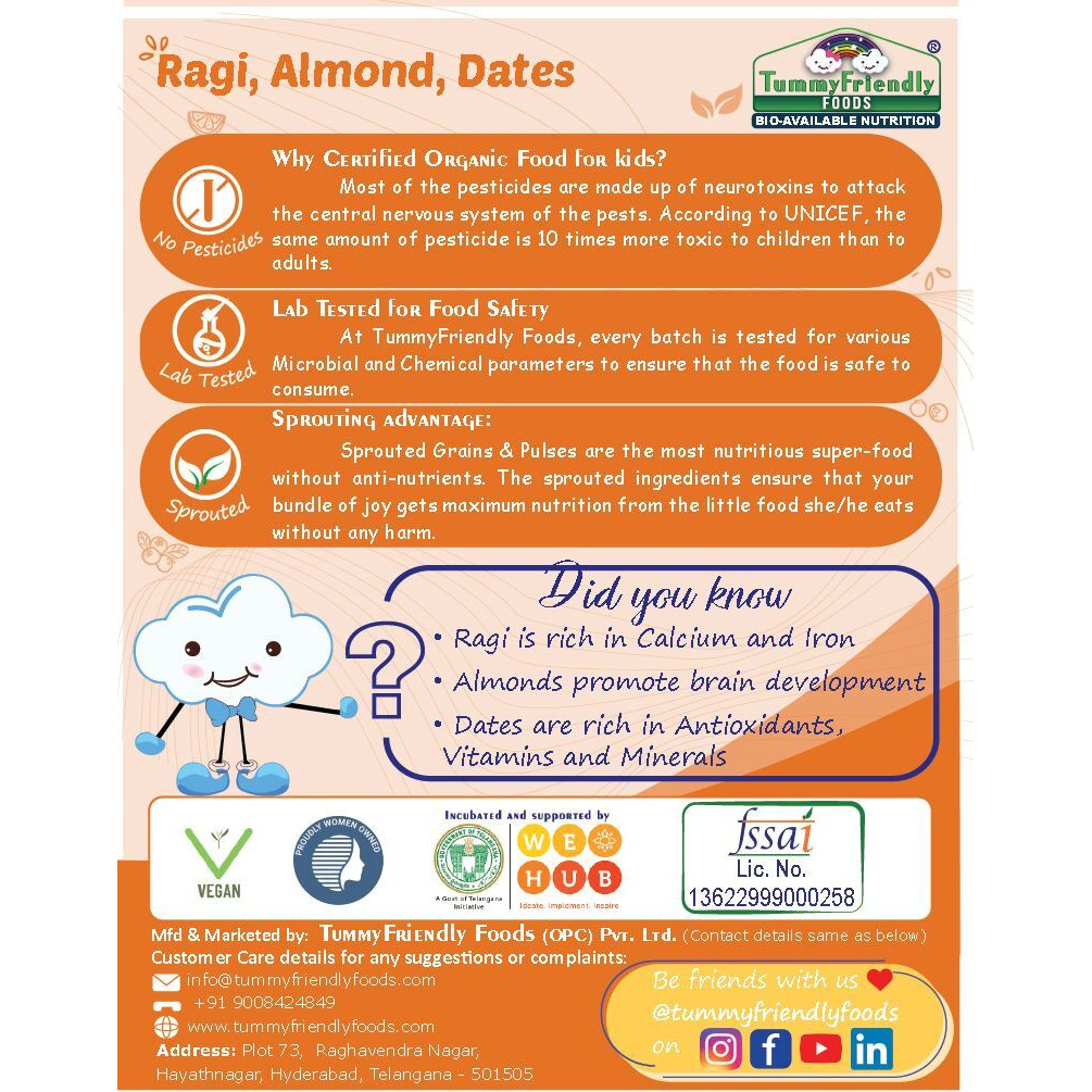 TummyFriendly Foods Sprouted Ragi, Almond, Dates Porridge Mix Cereal (200 g, 8+ Months)