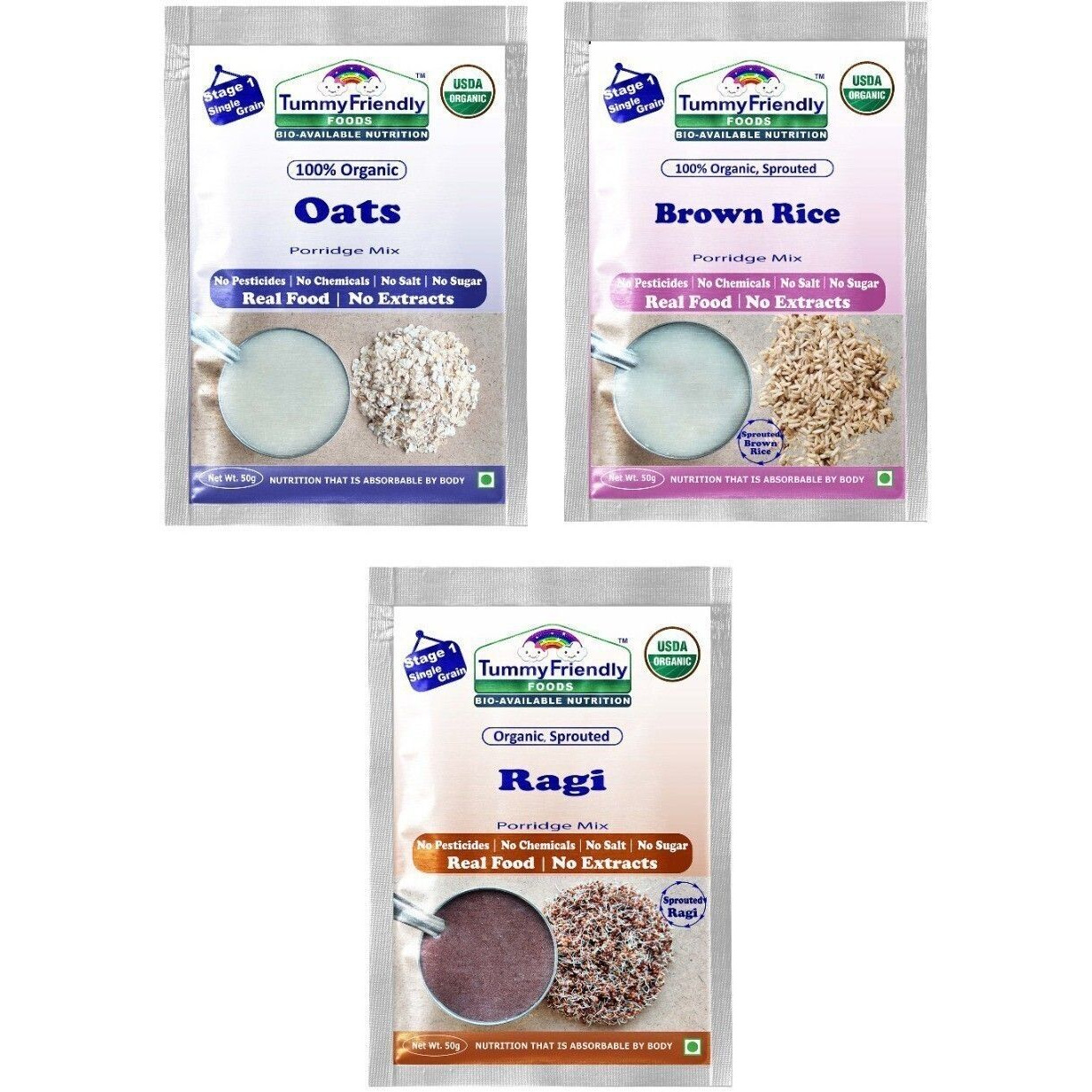 TummyFriendly Foods Certified USDA Organic Stage1 Sprouted Porridge Mixes Trial Packs Sprouted Ragi, Sprouted Brown Rice and Oats | 50g Each, Cereal (150 g, Pack of 3, 6+ Months)