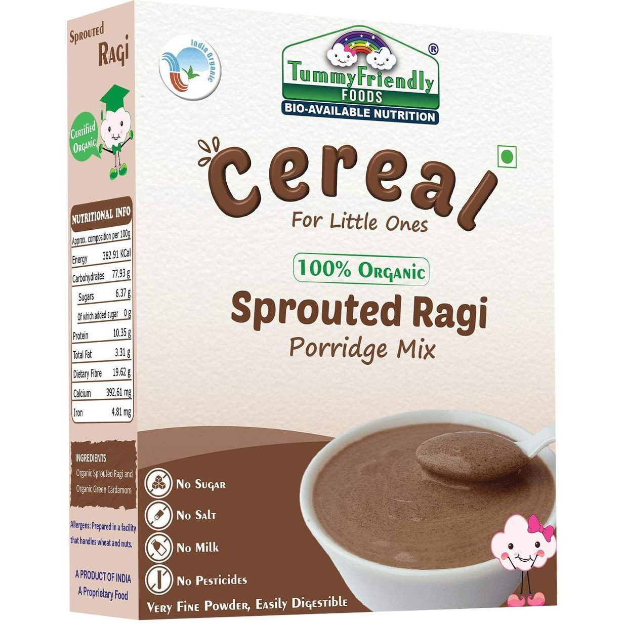 TummyFriendly Foods Certified USDA Organic Sprouted Ragi Porridge Mix | Made of Organic Sprouted Ragi for Baby| Rich in Calcium, Iron, Fibre & Micro-Nutrients | 200g Cereal (200 g, 6+ Months)