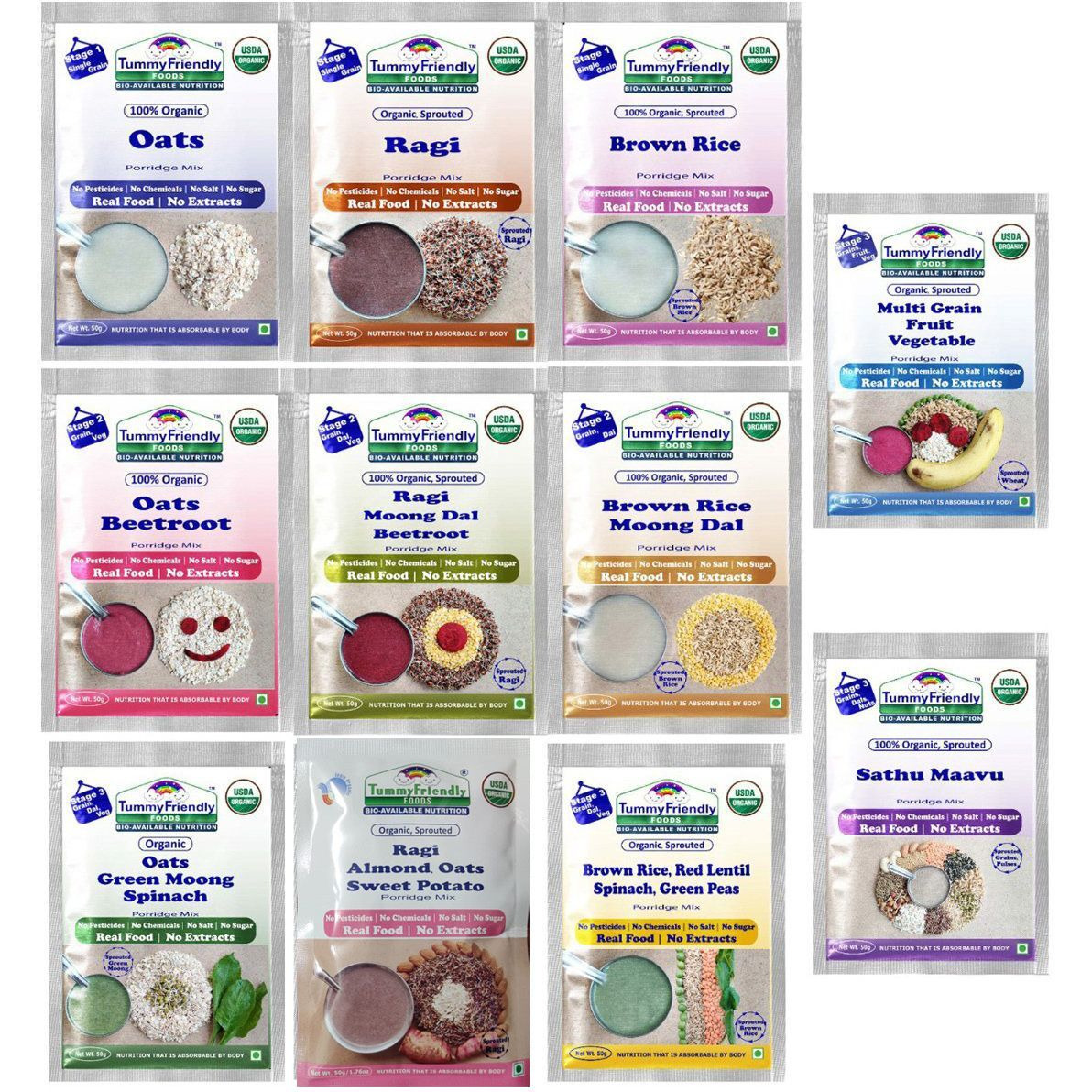TummyFriendly Foods USDA Certified Stage1, Stage2, Stage3 Porridge Mixes | Organic Baby Food for 6,7,8 Months Old Baby |Trial Packs - 11 Packs, 50g Each Cereal (550 g, Pack of 11, 24+ Months)