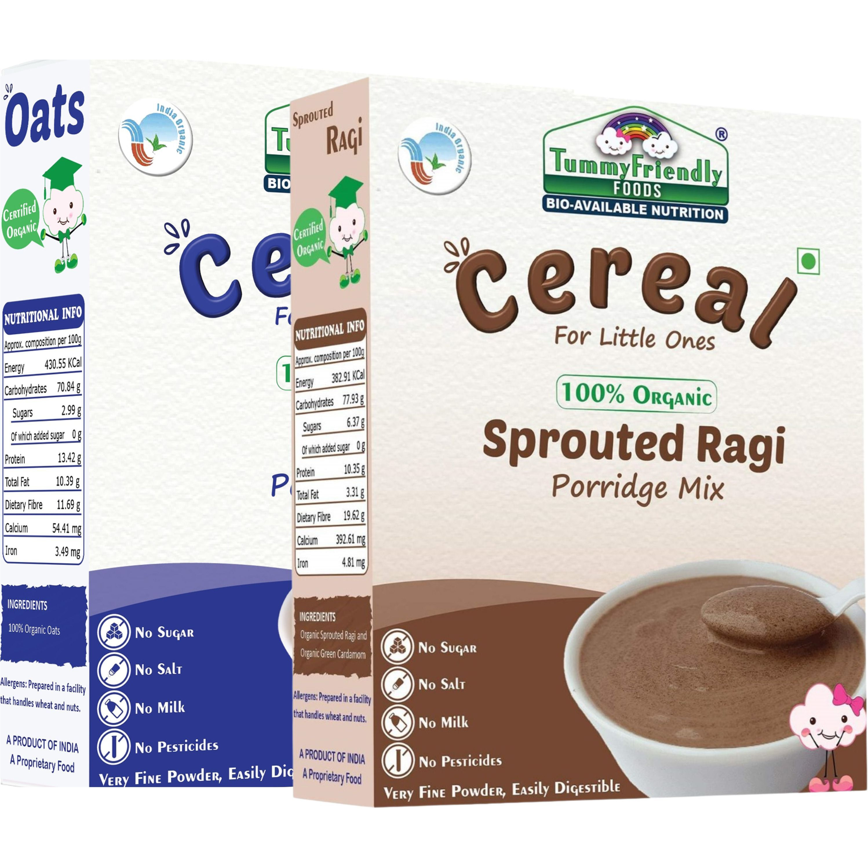 TummyFriendly Foods USDA Certified 100% Organic Oats and Organic Sprouted Ragi Porridge Mixes , Made of Organic Oats & Organic Sprouted Ragi for Baby, Rich in Beta-Glucan, Calcium, Iron, Protein, Fibre & Micro-Nutrients ,200g Each, 2 Packs Cereal (400 g, Pack of 2, 6+ Months)