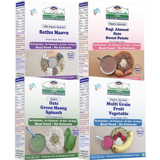 TummyFriendly Foods USDA Organic Certified Stage3 Sprouted Porridge Mixes Combo - 4 Packs With Oats | Organic Baby Food for 8 Months Old Baby |4 Packs, 200g Each Cereal (800 g, Pack of 4, 8+ Months)