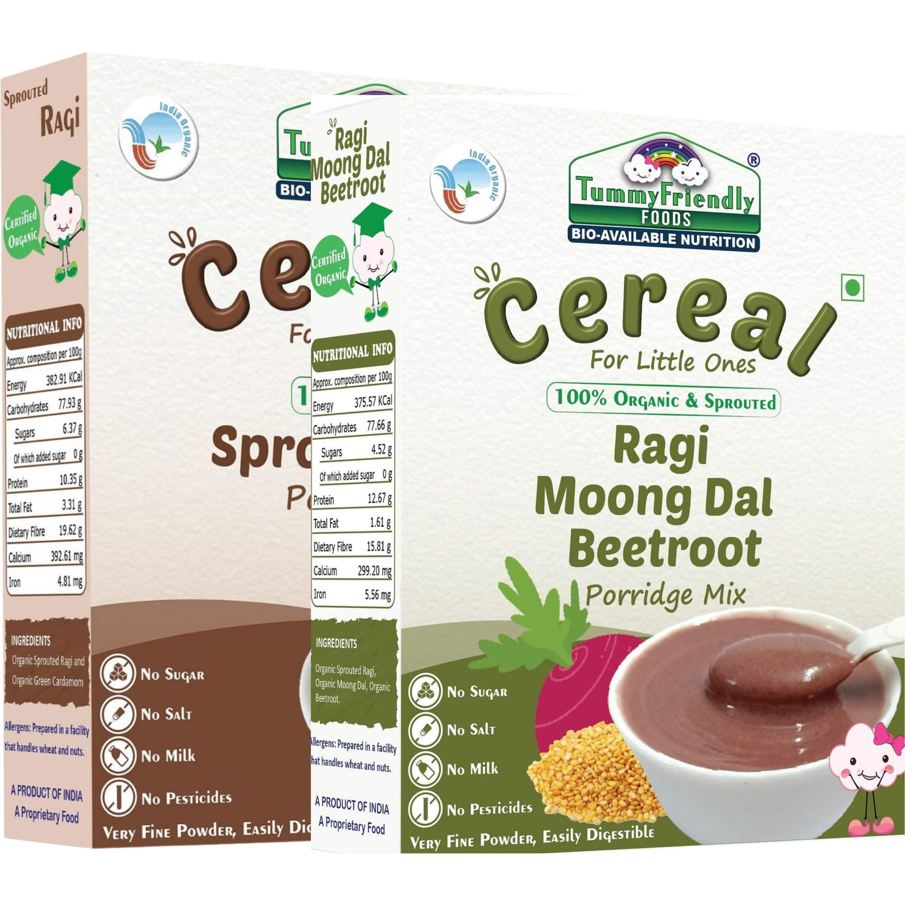 TummyFriendly Foods USDA Certified Organic Sprouted Ragi and 100% Organic Sprouted Ragi, MoongDal, Beetroot Porridge Mixes , Made of Organic Sprouted Ragi for Baby, Rich in Calcium, Iron, Protein, Fibre & Micro-Nutrients ,200g Each, 2 Packs Cereal (400 g, Pack of 2, 6+ Months)