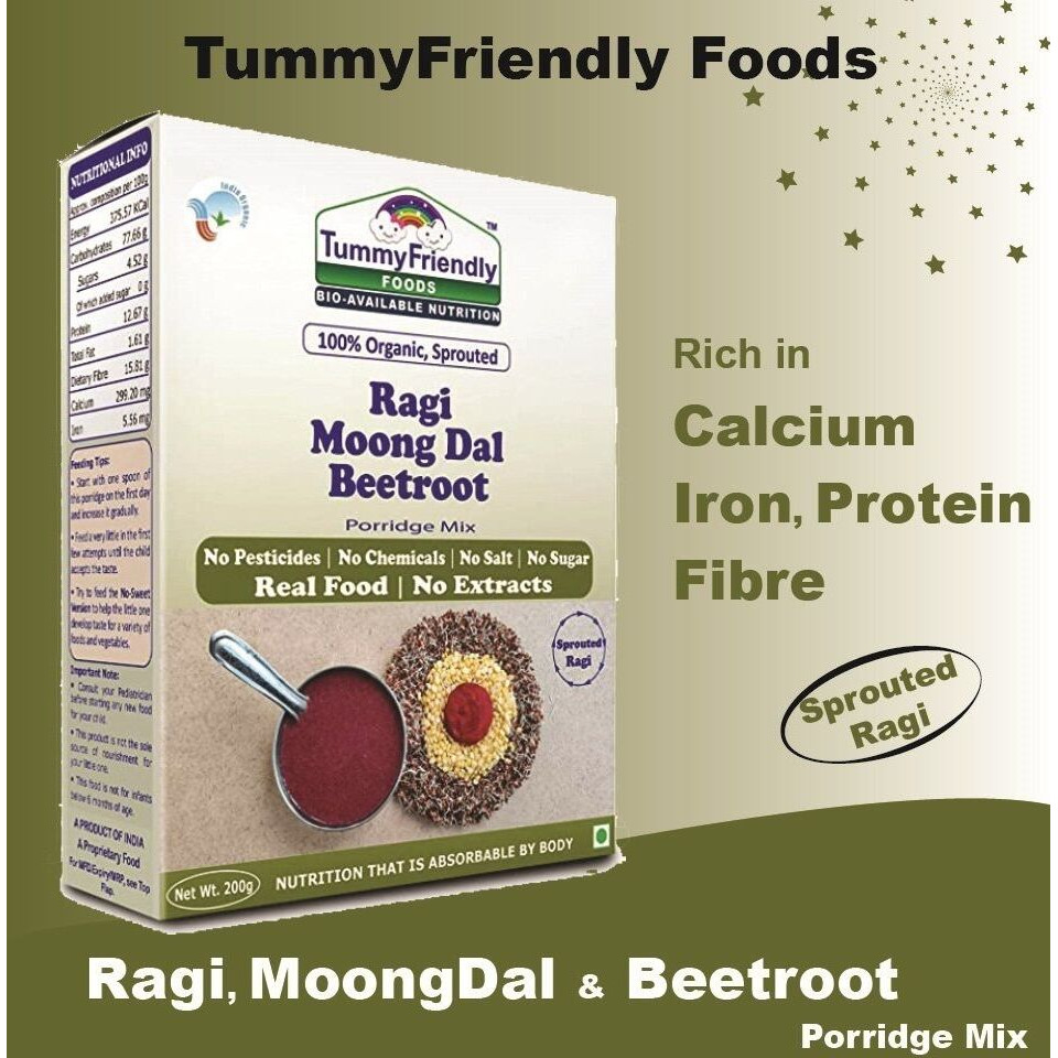 TummyFriendly Foods USDA Certified Organic Sprouted Ragi and 100% Organic Sprouted Ragi, MoongDal, Beetroot Porridge Mixes , Made of Organic Sprouted Ragi for Baby, Rich in Calcium, Iron, Protein, Fibre & Micro-Nutrients ,200g Each, 2 Packs Cereal (400 g, Pack of 2, 6+ Months)