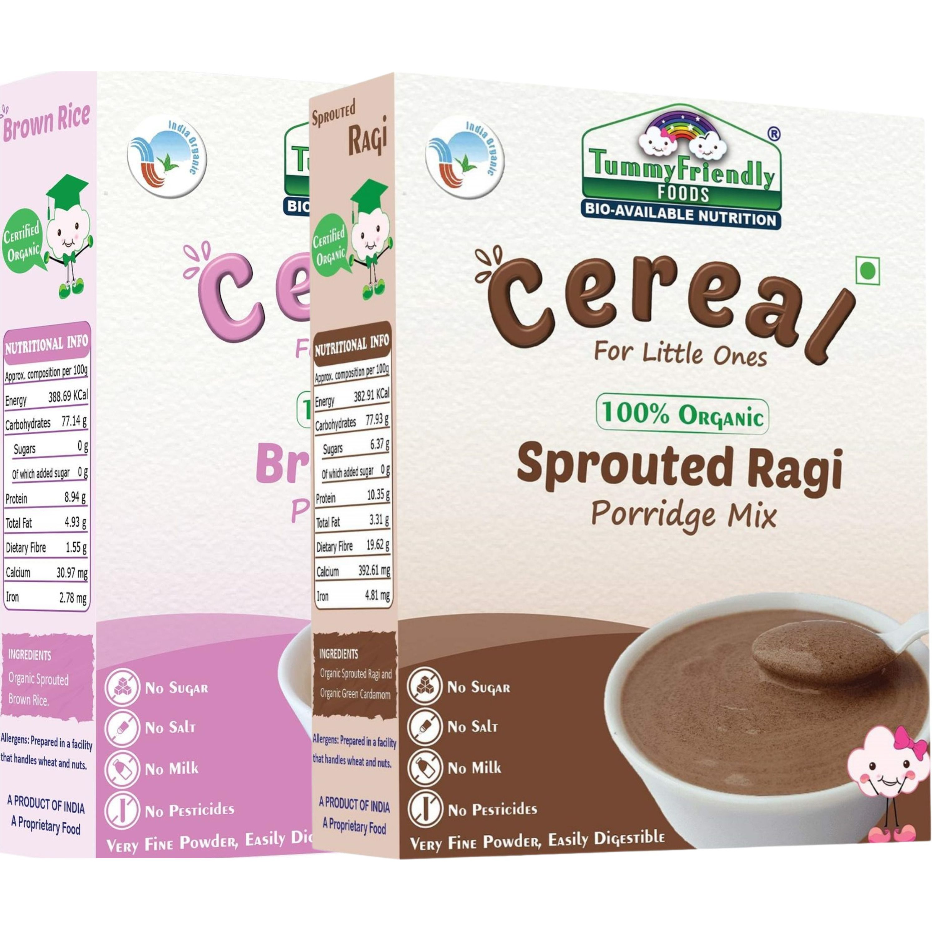 TummyFriendly Foods USDA Certified Stage1 Porridge Mixes | Organic Baby Food for 6 Months Old Baby | Ragi, Brown Rice - 2 Packs, 200g Each Cereal (400 g, Pack of 2, 6+ Months)