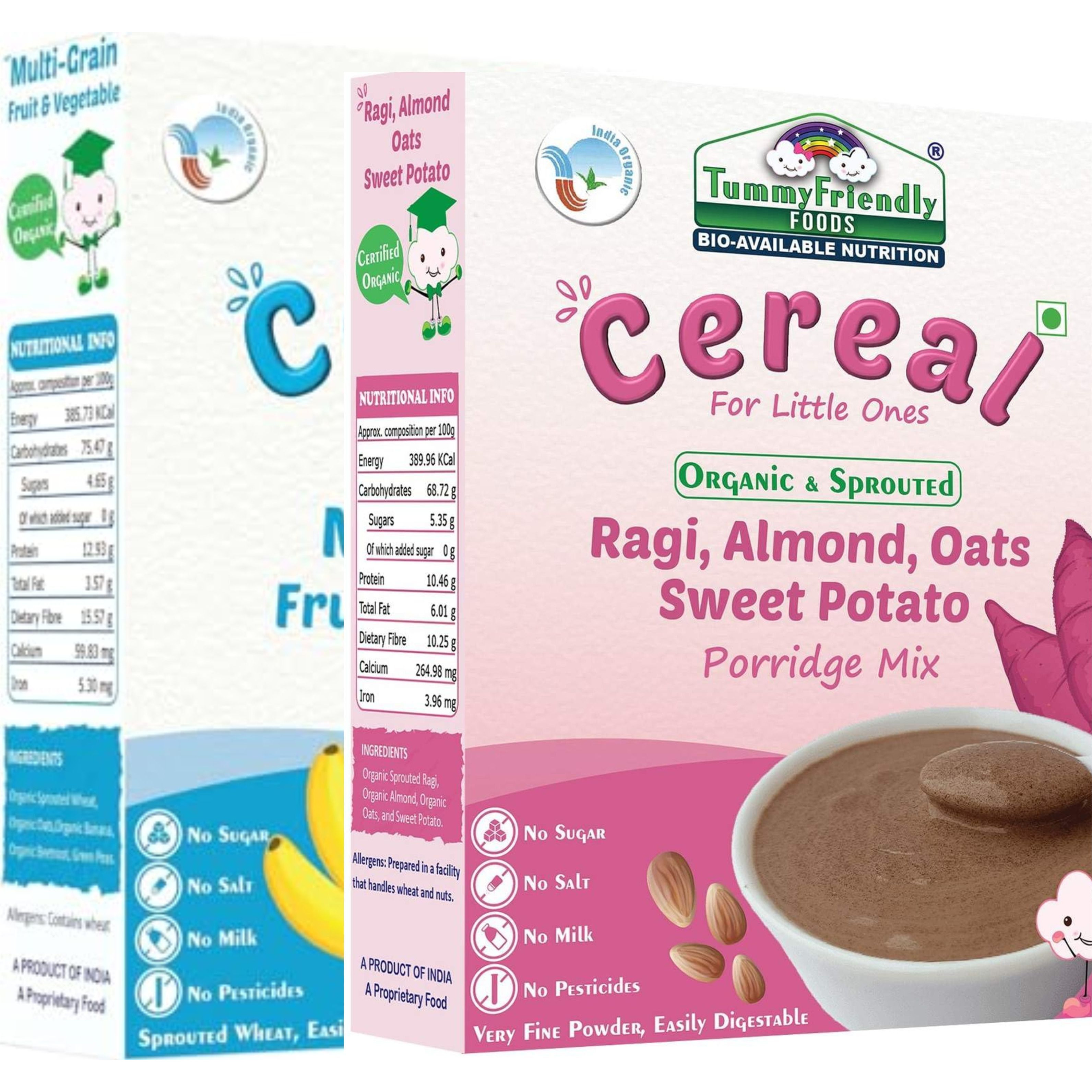 TummyFriendly Foods USDA Certified Organic Multi-Grain, 100% Organic Sprouted Ragi, Oats, Red Lentil, Banana Porridge Mixes , Made of Sprouted Whole Wheat & Sprouted Whole Grain Ragi, Oats , Rich in Calcium, Iron, Fibre & Micro-Nutrients ,200g Each, 2Packs Cereal (400 g, Pack of 2, 24+ Months)