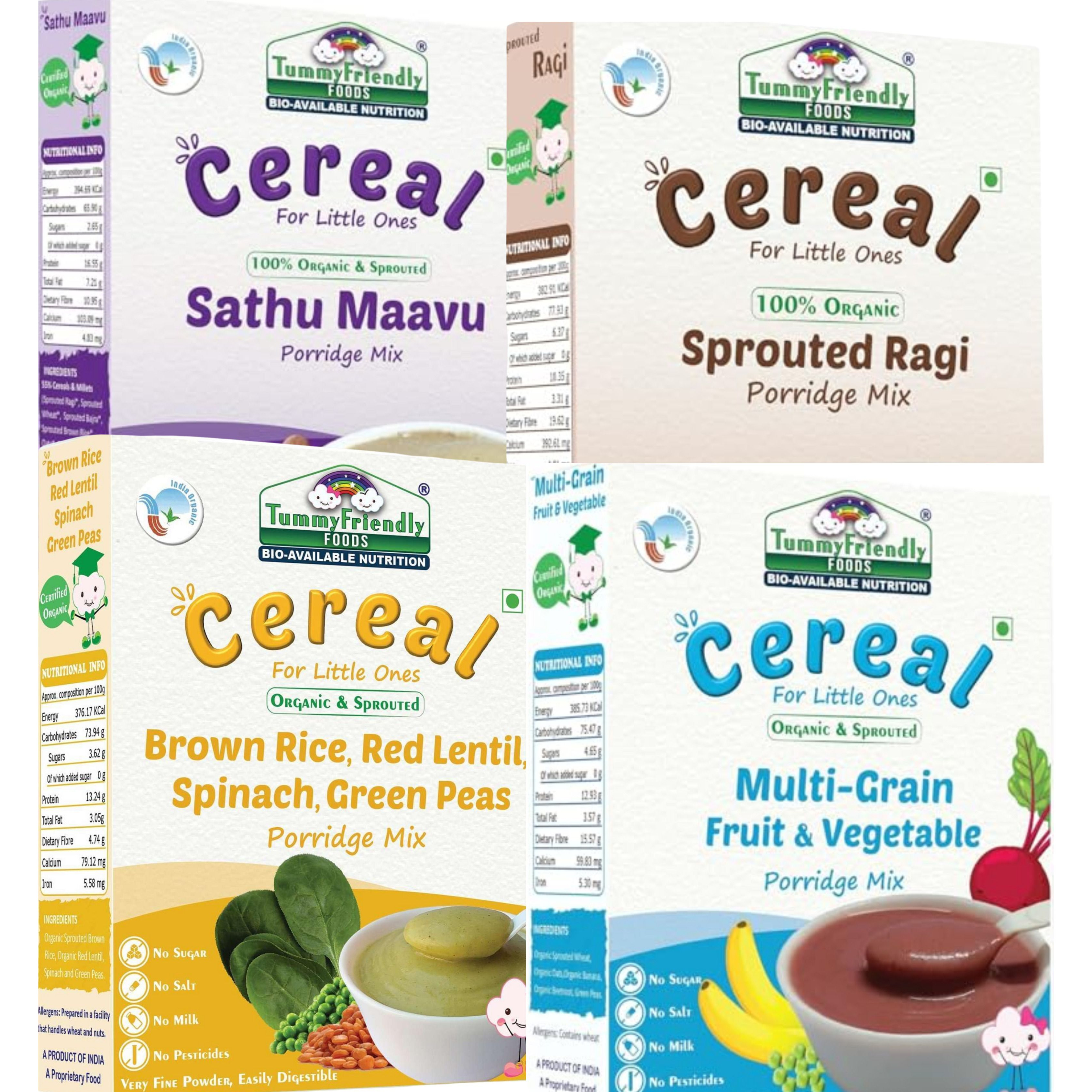 TummyFriendly Foods USDA Organic Certified Stage3 Sprouted Porridge Mixes Combo - 4 Packs With Brown Rice | Organic Baby Food for 8 Months Old Baby |4 Packs, 200g Each Cereal (800 g, Pack of 4, 8+ Months)