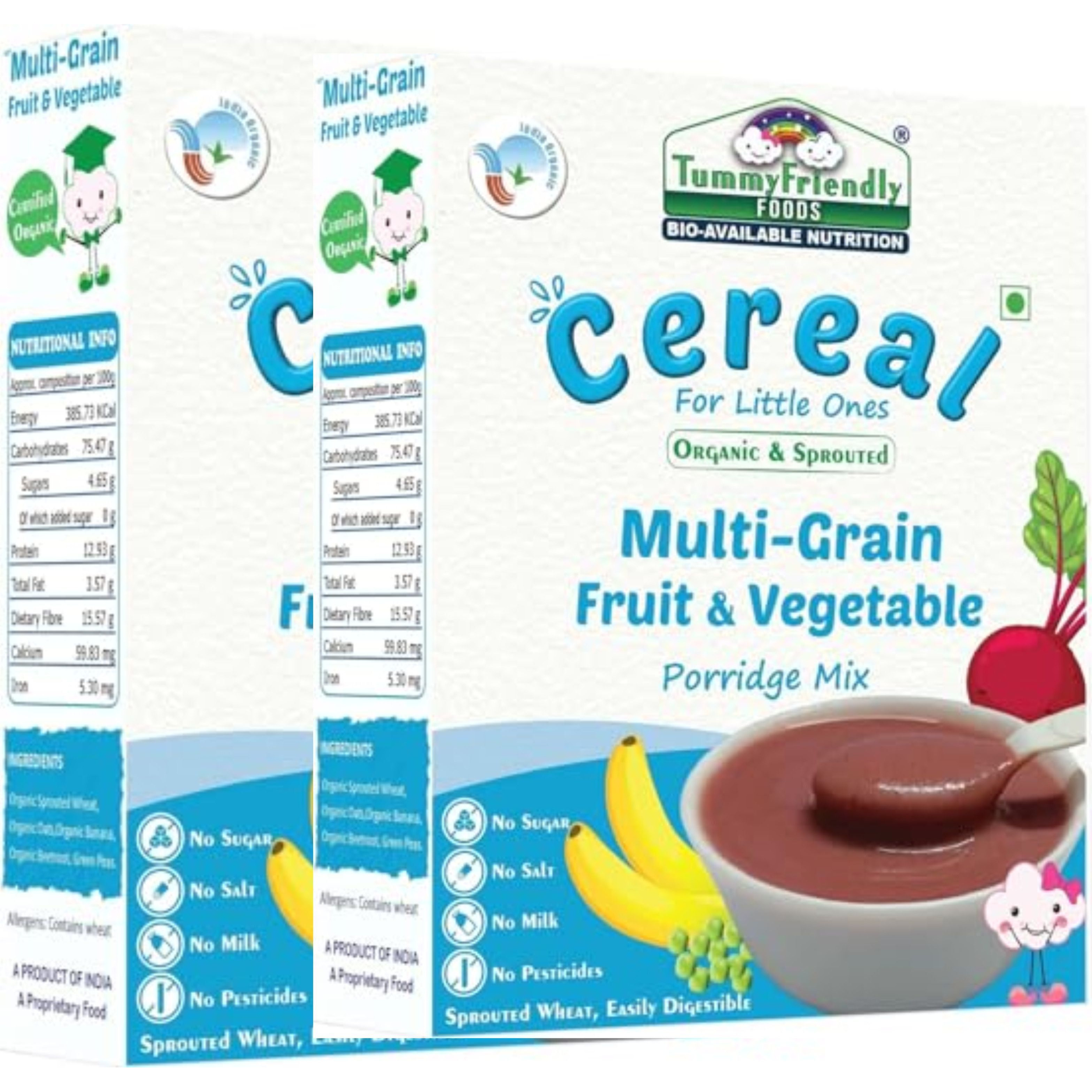 TummyFriendly Foods USDA Certified Organic Sprouted Multi Grain Fruit Vegetable Porridge Mix (Sprouted Wheat, Oats, Banana, Beetroot, Green Peas), Organic Baby Food For 8 Months Old , Made of Sprouted Whole Wheat , 200g Each, 2Packs Cereal (400 g, Pack of 2, 8+ Months)