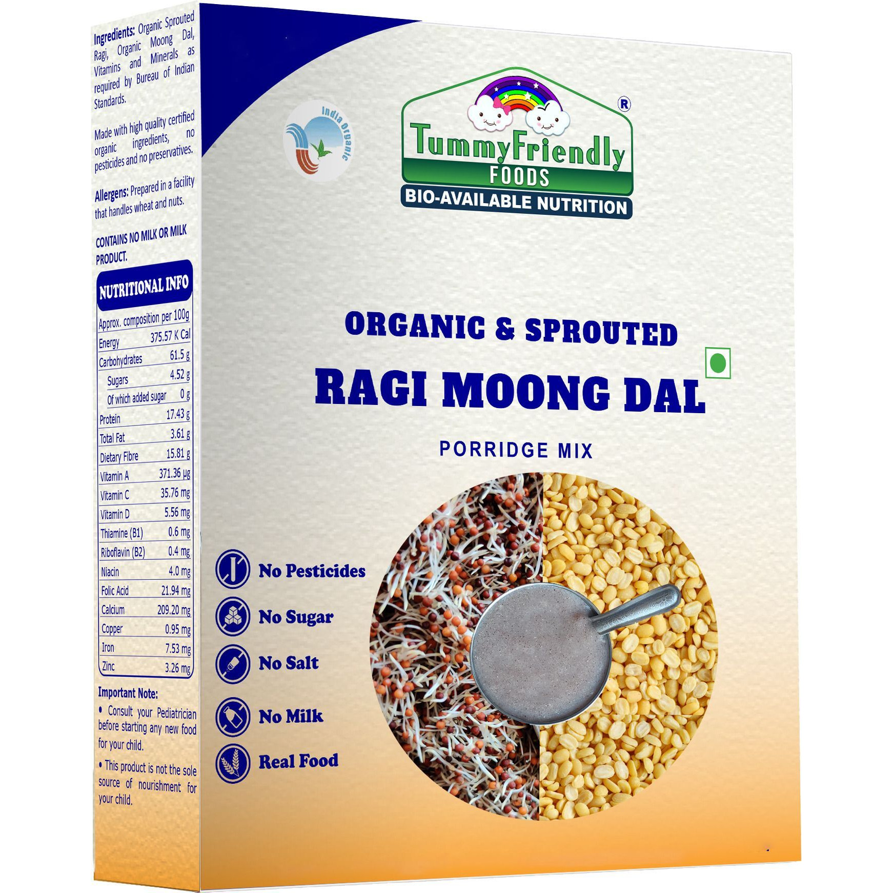 TummyFriendly Foods Organic Sprouted Ragi MoongDal Porridge Mix | Baby Food for 6 Months Baby |200g Cereal (200 g, 6+ Months)