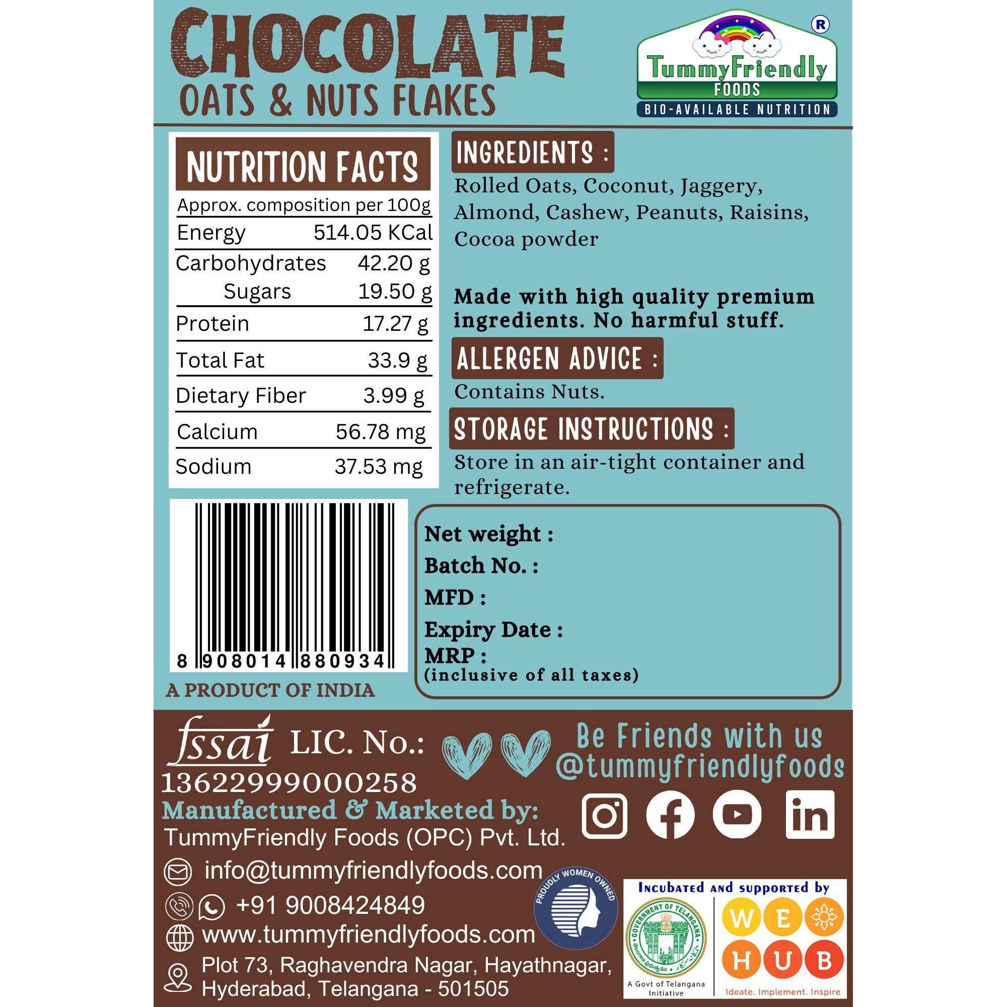 TummyFriendly Foods Tummy Friendly Foods Chocolate Oats and Nuts Mix 100g Baby Snacks 100 g