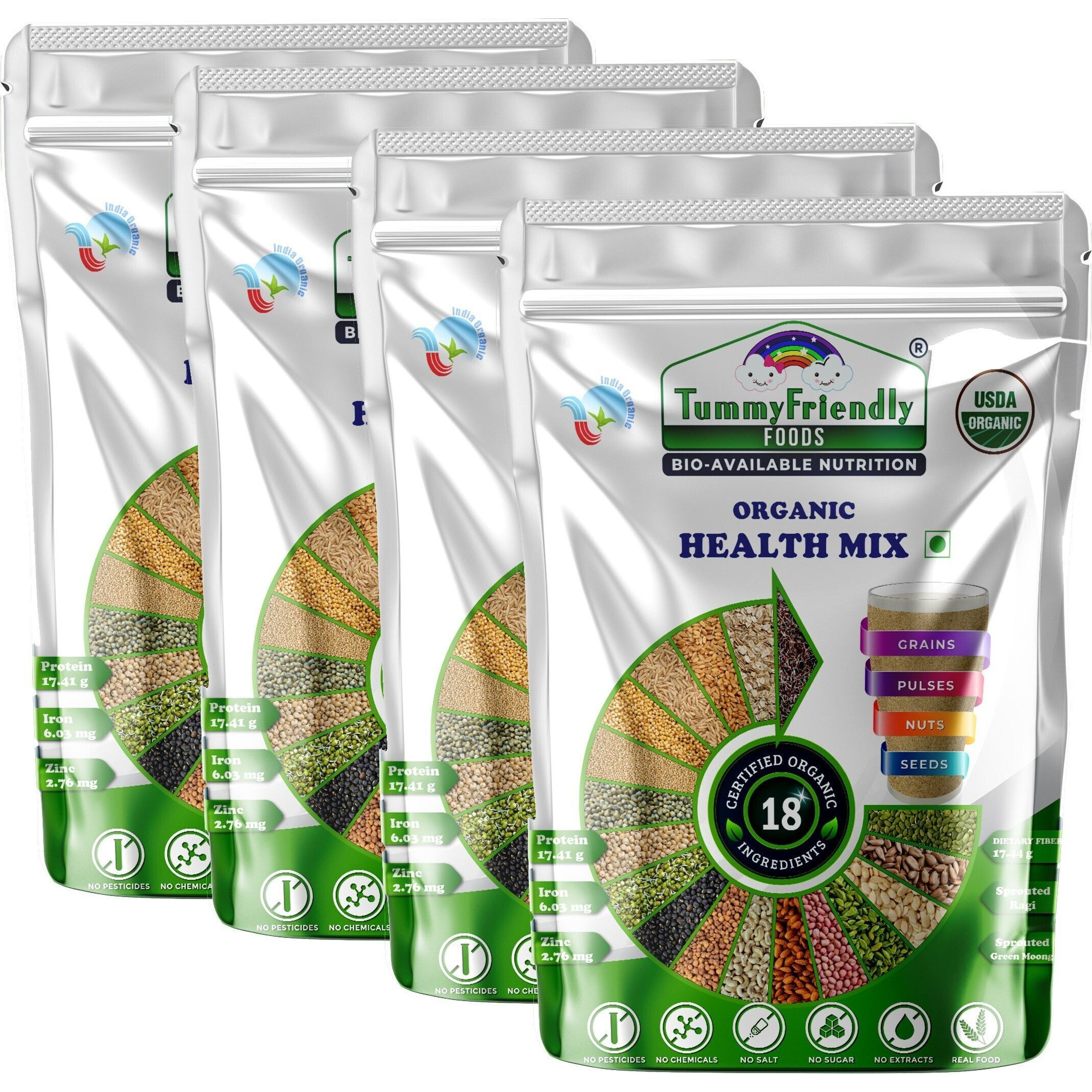 TummyFriendly Foods Certified Organic Health Mix for Kids. No Pesticides. 4 Packs, 100g Each. Cereal (100 g, Pack of 4, 24+ Months)