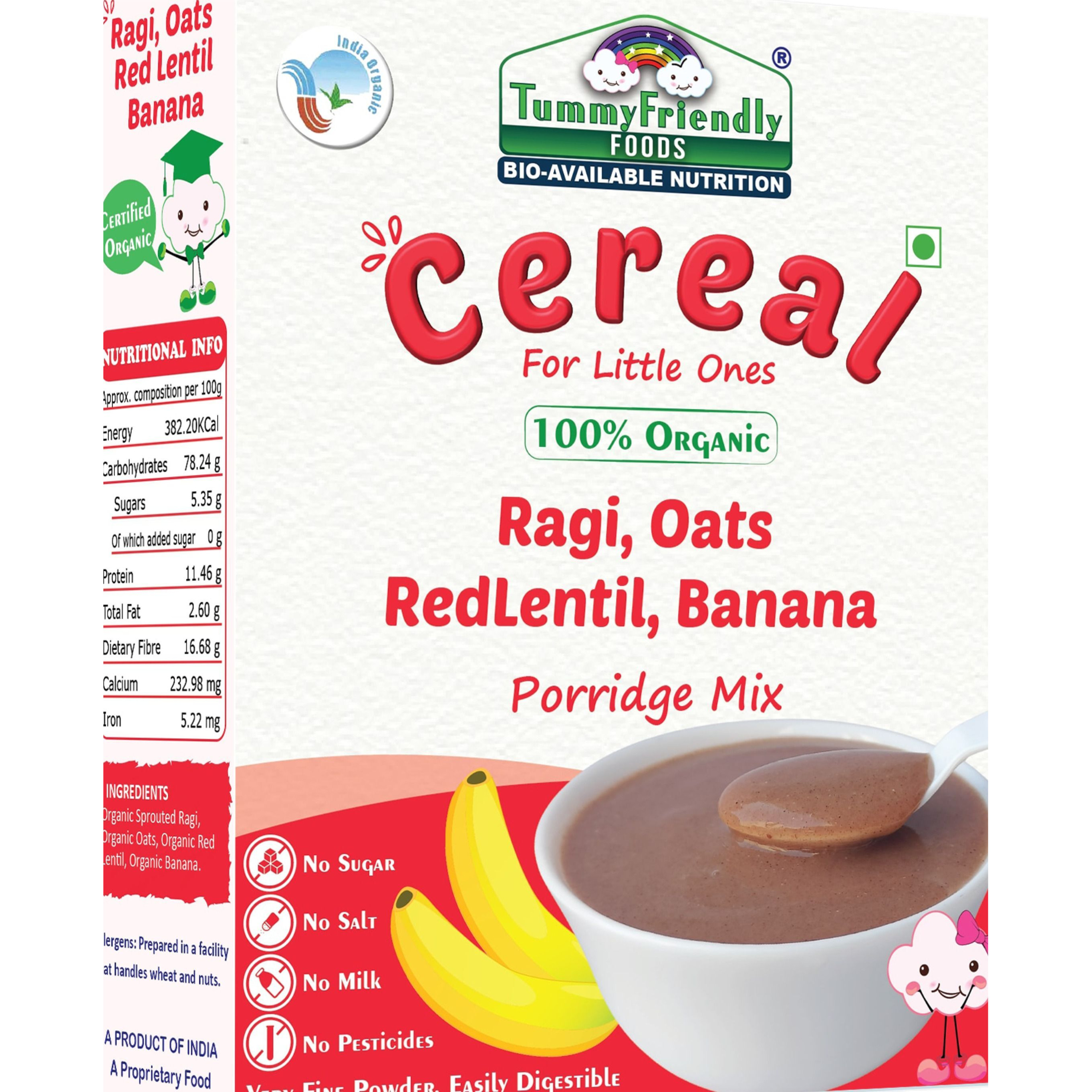TummyFriendly Foods USDA Certified 100% Organic Sprouted Ragi, Oats, Red Lentil, Banana Porridge Mix | Made of Sprouted Whole Grain Ragi, Oats | Rich in Calcium, Iron, Fibre & Micro-Nutrients |200g Cereal (200 g, 24+ Months)