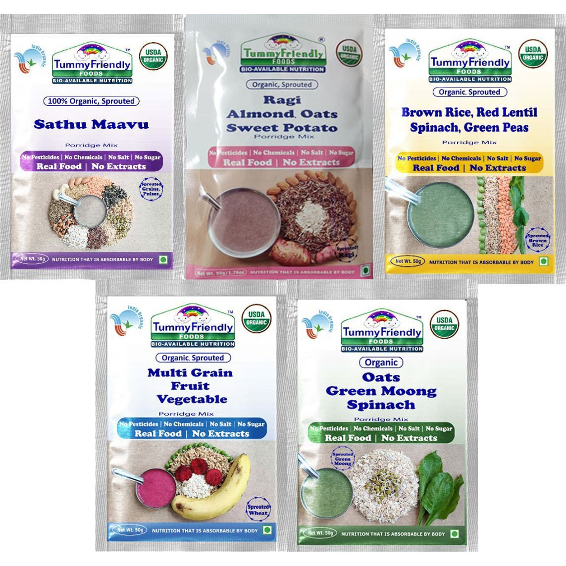 TummyFriendly Foods Certified USDA Organic Stage3 Sprouted Porridge Mixes Trial Packs | Organic Baby Food for 8 Months Old | Sprouted Ragi, Brown Rice, Oats, Sathu Maavu, Pulses, Vegetables & Fruit | 50g Each, 5 Packs Cereal (250 g, Pack of 5, 8+ Months)