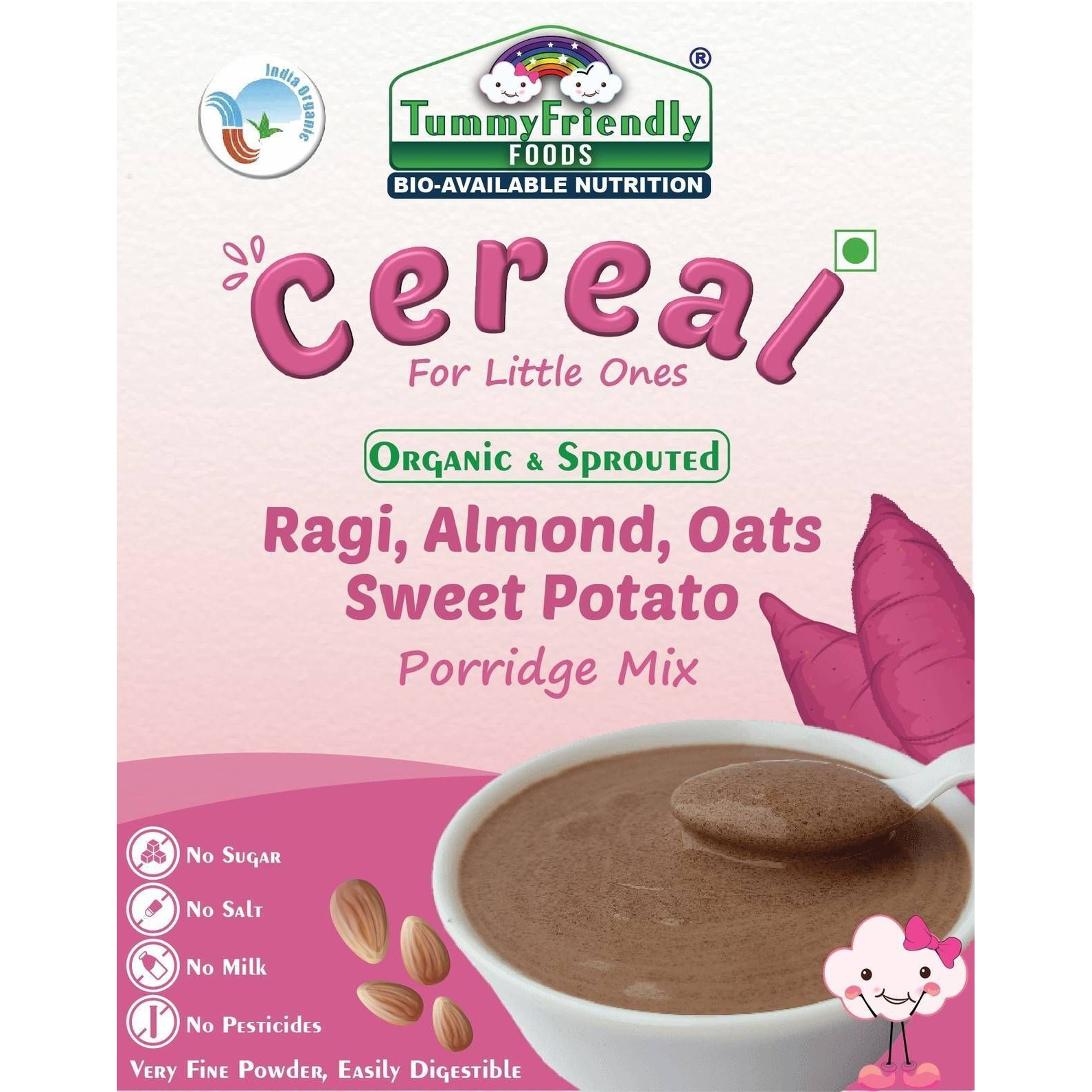 TummyFriendly Foods Organic Sprouted Ragi, Almond,Oats, SweetPotato Prdge Mix|800g, (200g each pack) Cereal (800 g, Pack of 4, 8+ Months)