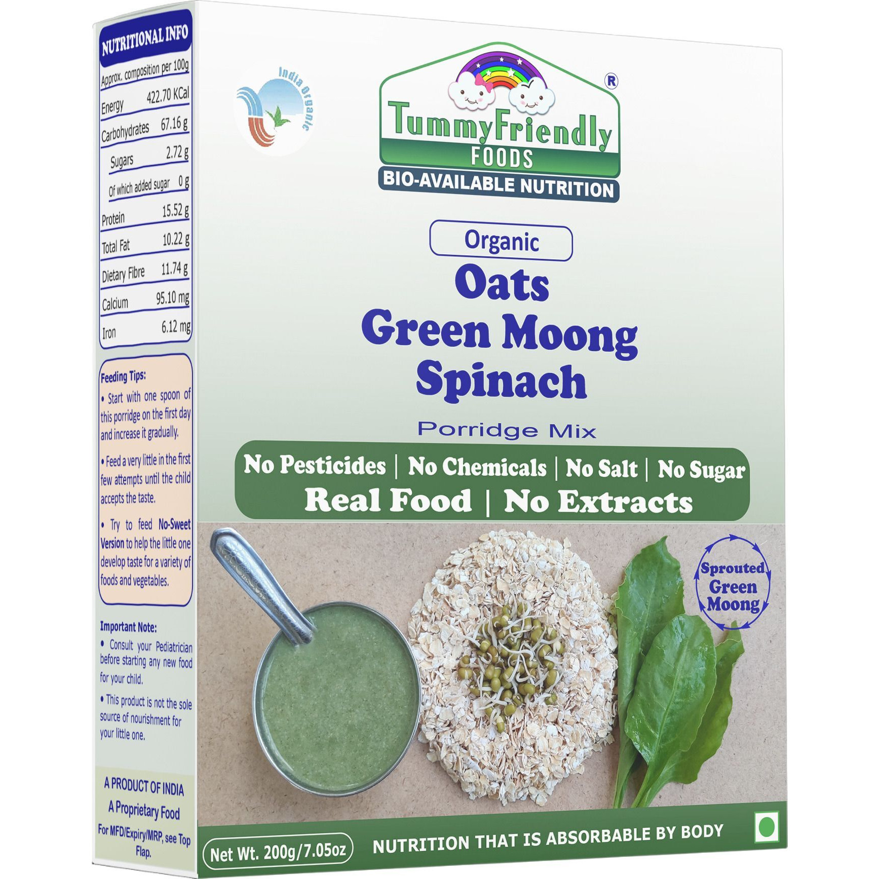 TummyFriendly Foods USDA Certified Organic Oats, Green Moong, Spinach Porridge Mix | Organic Baby Food for 8 Months Old | Made of Sprouted Whole Green Moong | Rich in Iron, Protein & Micro-Nutrients | 200g Cereal (200 g, 8+ Months)
