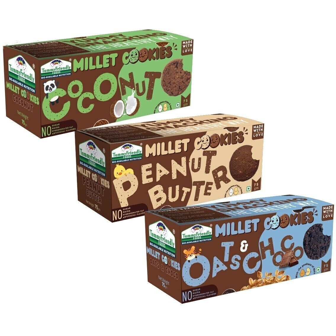 TummyFriendly Foods Millet Cookies - OatsChoco,Peanut & Coconut. Healthy Biscuits for Kids, & Adults Cookies Biscuit (3 x 75 g)