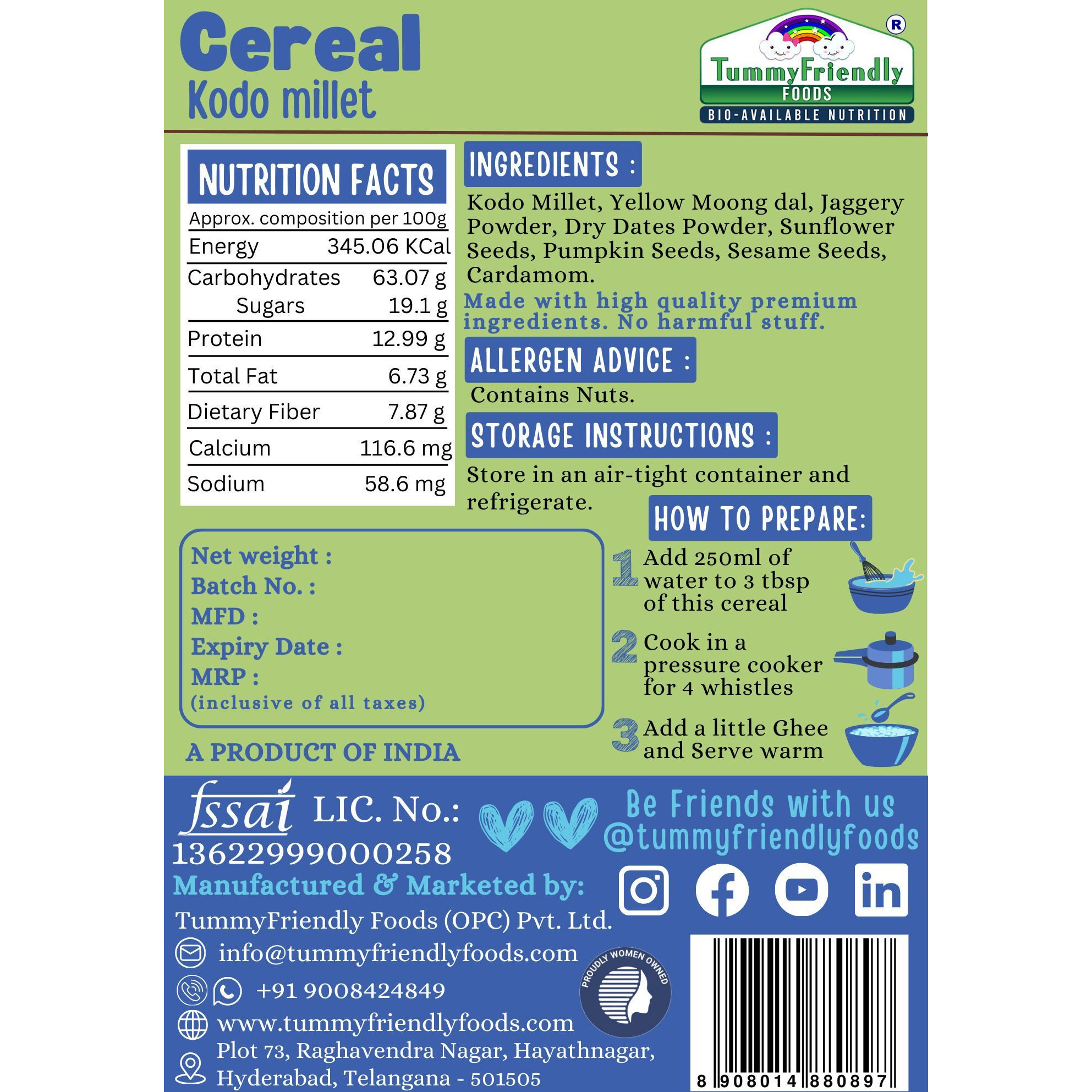 TummyFriendly Foods Tummy Friendly Foods Kodo Millet (Each pack of 100g) Cereal (500 g, Pack of 5, 12+ Months)