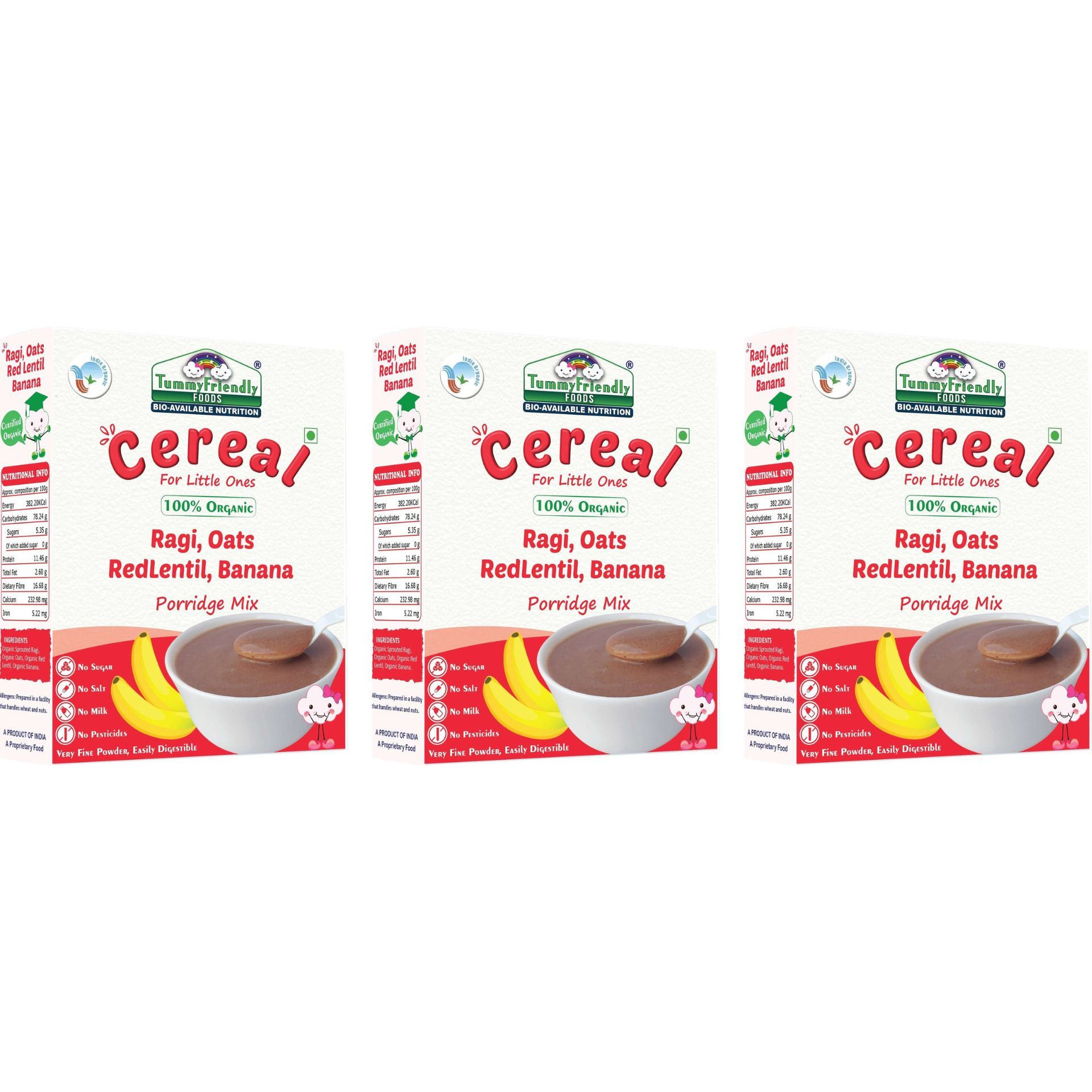 TummyFriendly Foods Organic Sprouted Ragi,Oats, Red Lentil, Banana Prdge Mix|600g,(200g each pack) Cereal (600 g, Pack of 3, 24+ Months)