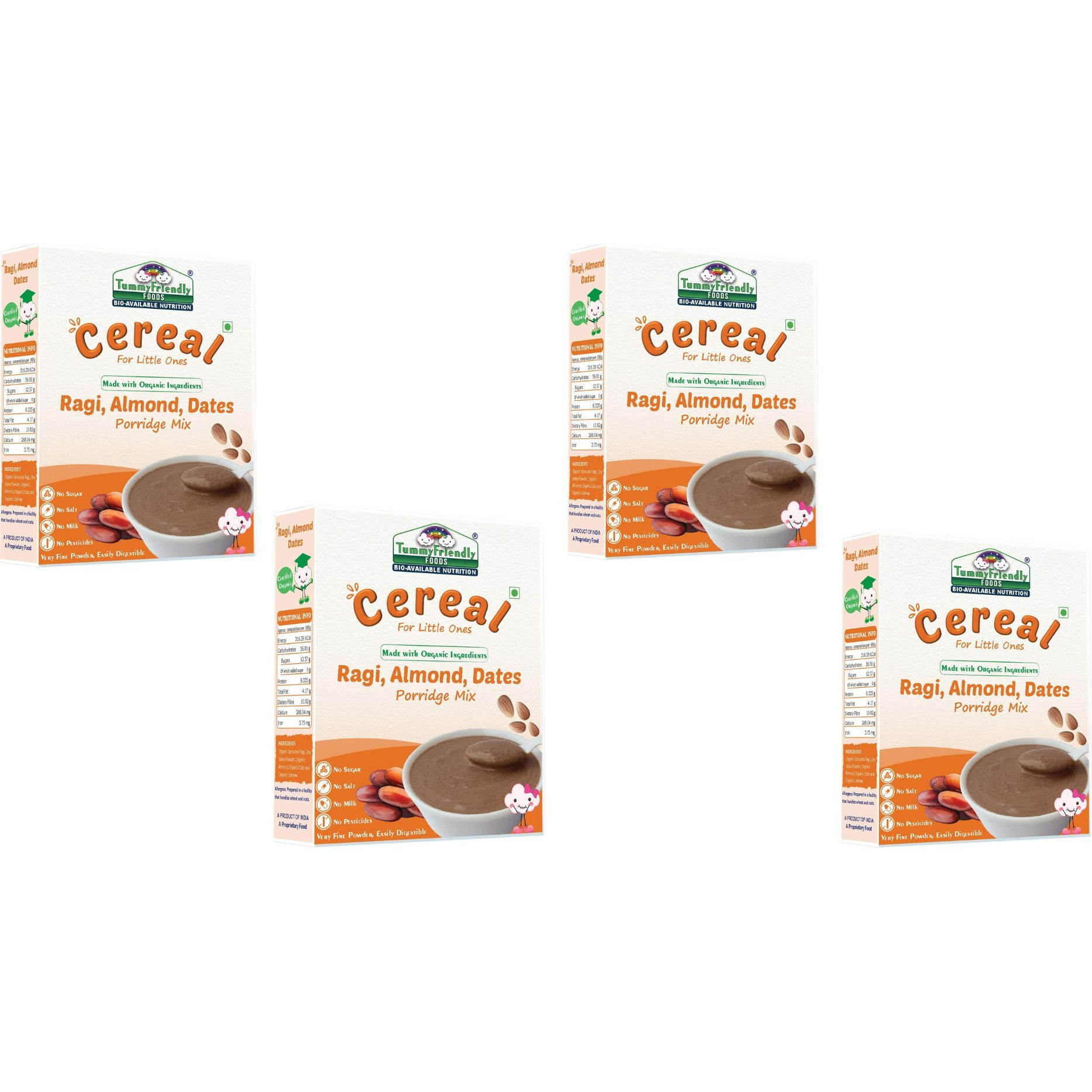 TummyFriendly Foods Organic Sprouted Ragi, Almond, Dates Porridge Mix | 800g, (200g each pack) Cereal (800 g, Pack of 4, 8+ Months)