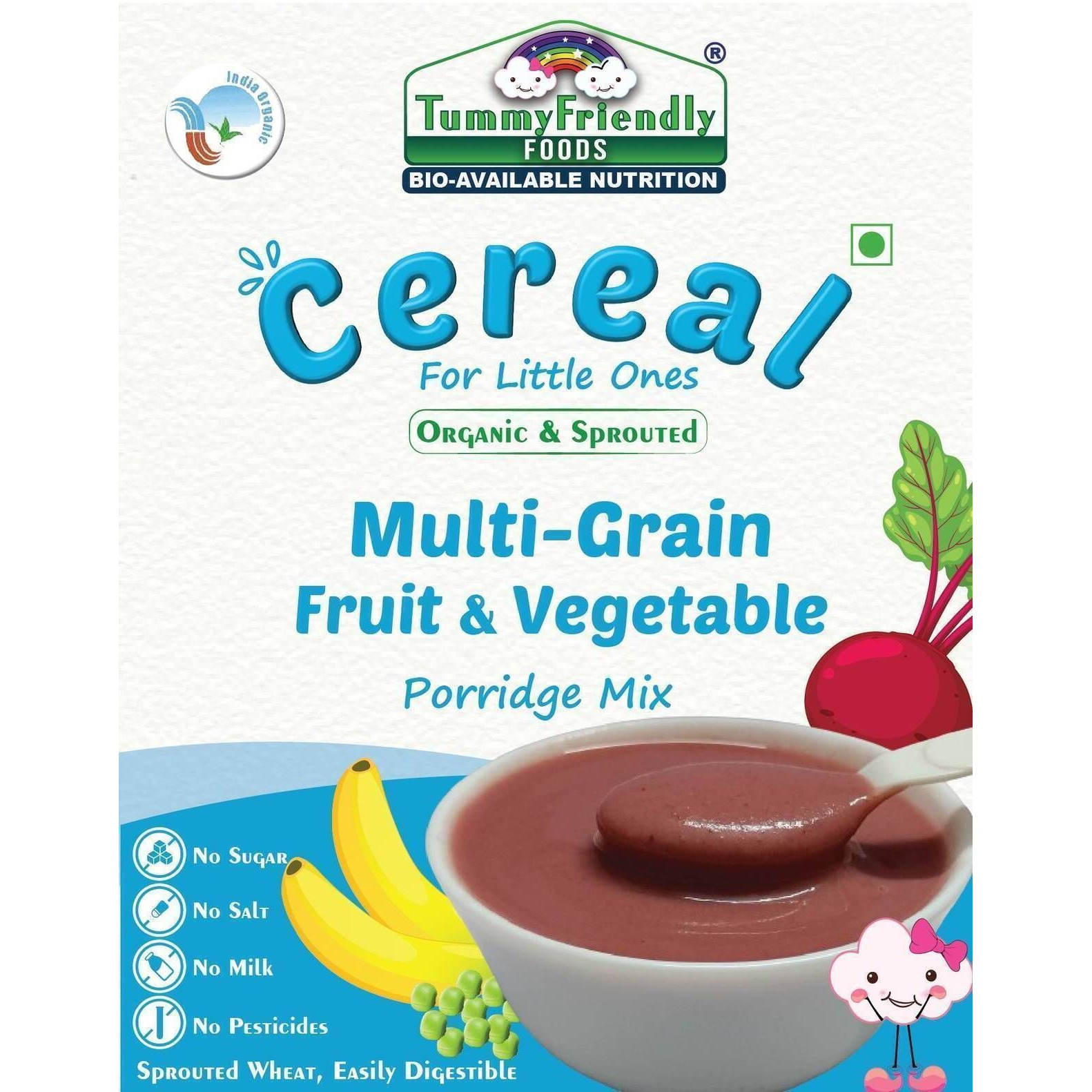 TummyFriendly Foods Organic Sprouted Multi Grain Fruit Vegetable Porridge Mix|800g (200g each pack) Cereal (800 g, Pack of 4, 8+ Months)