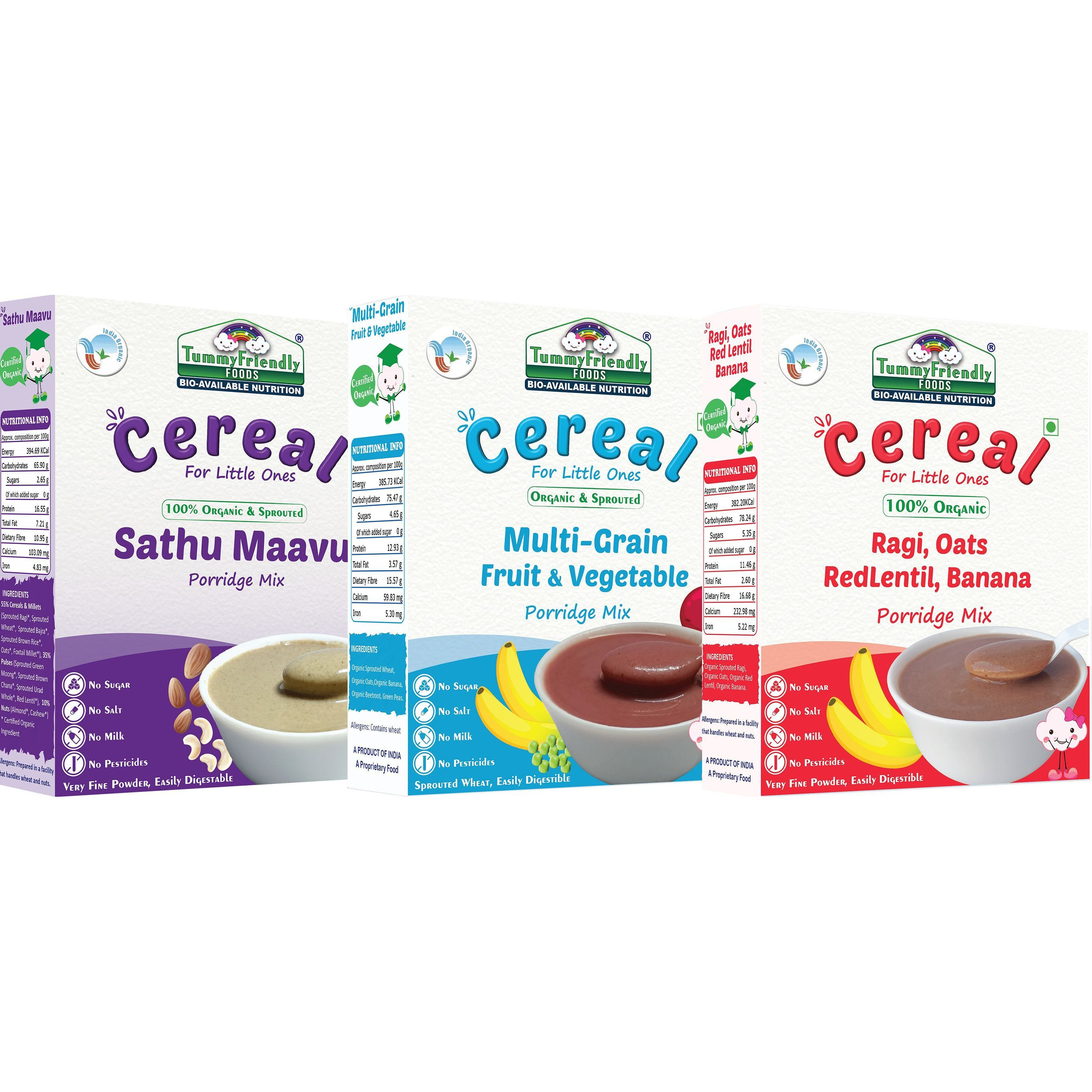 TummyFriendly Foods USDA Certified Organic Multi-Grain, 100% Organic Sprouted Ragi, Oats, Red Lentil, Banana and 100% Organic Sathu Maavu Porridge Mixes ,Made of Sprouted Whole Grains, Pulses & Nuts , Rich in Protein & healthy-Fat For Baby Weight Gain , Rich in Calcium, Iron, Fibre & Micro-Nutrients ,200g Each, 3Packs Cereal (600 g, Pack of 3, 8+ Months)