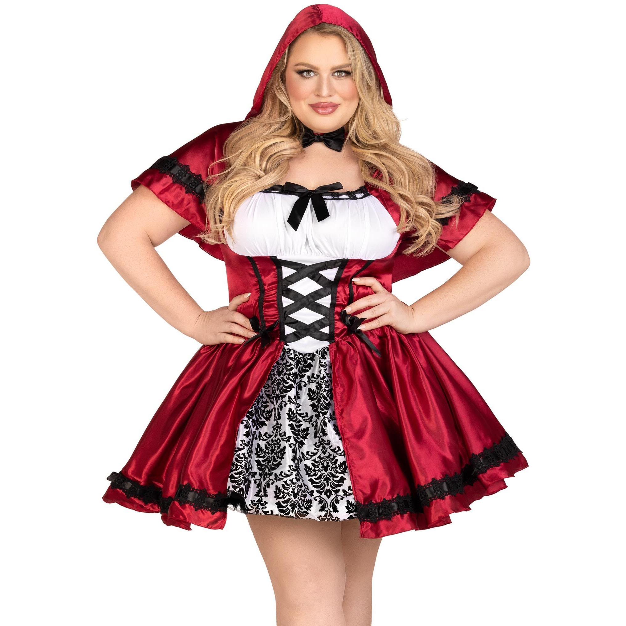 Leg Avenue Plus Size Gothic Riding Costume Set-Sexy Hooded Cape and Peasant Dress for Women, Red/White, 1X / 2X