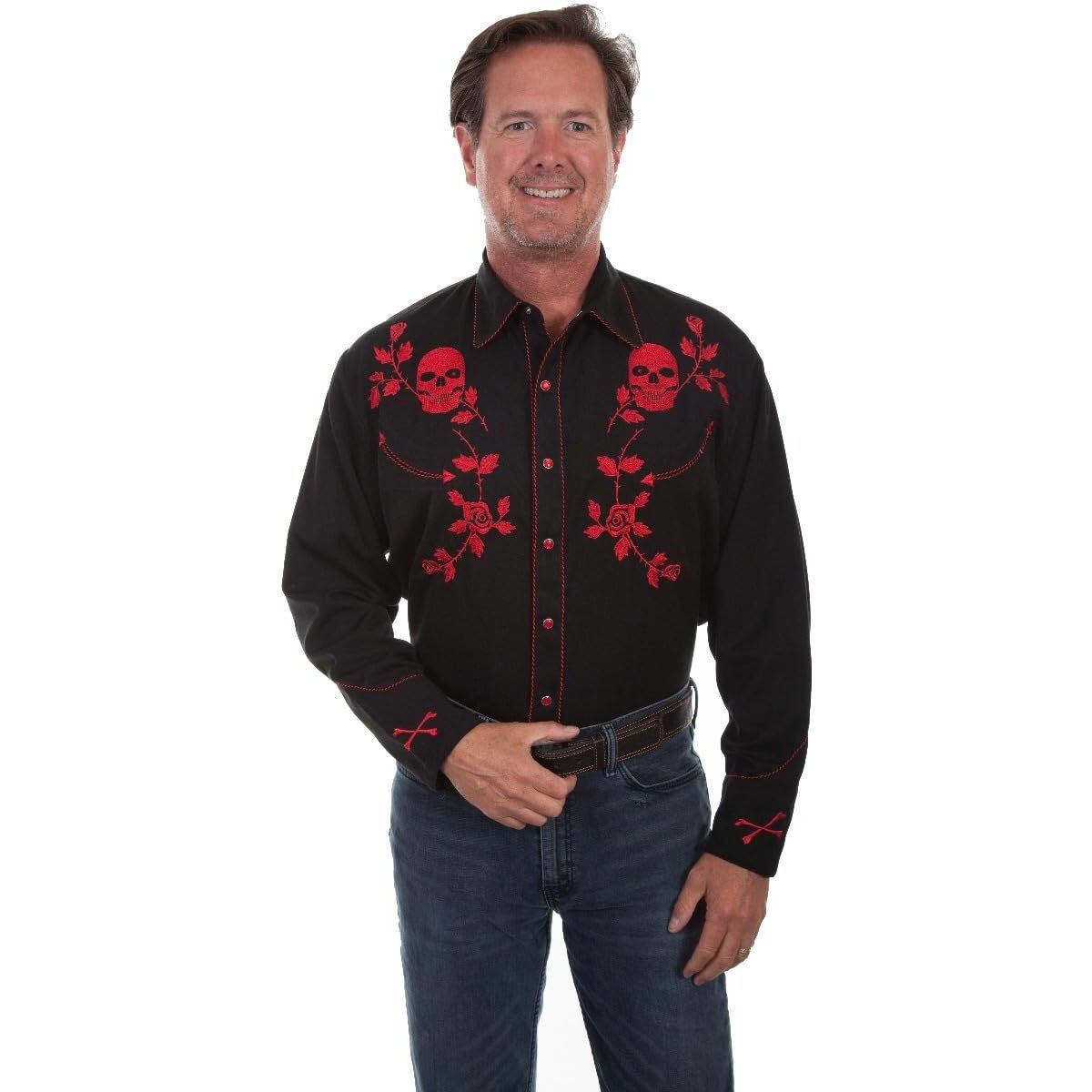 Scully Skulls and Roses Embroidered Snap Front Shirt P771 RED ***, Red, Large