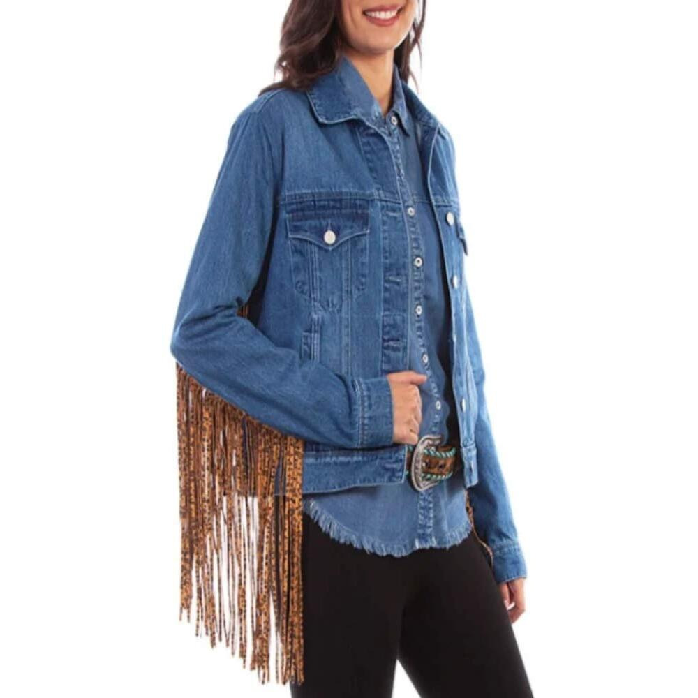 Scully Womens Denim Jacket with Leopard Fringe Denim Size M