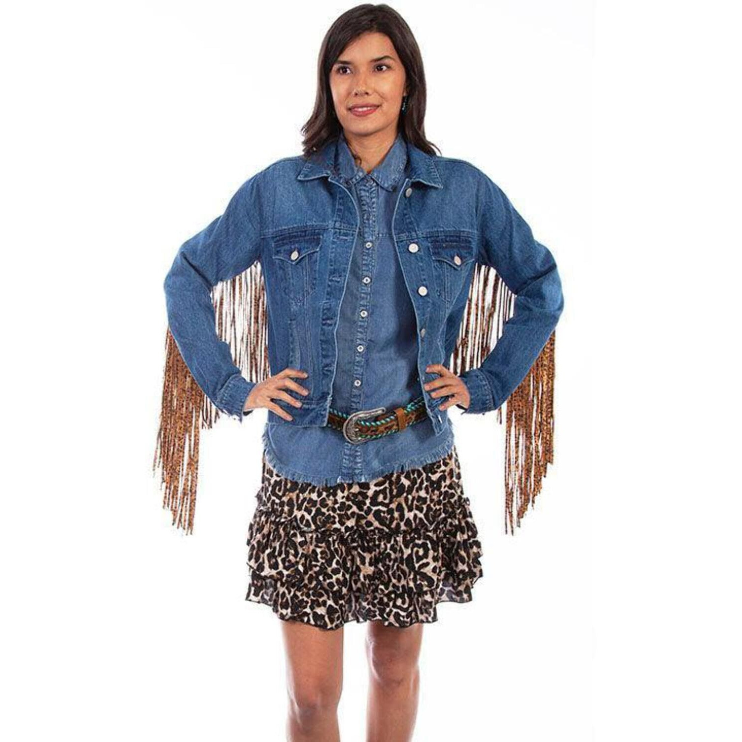 Scully Western Jacket Womens Jean Leopard Fringe S Denim F0_HC647