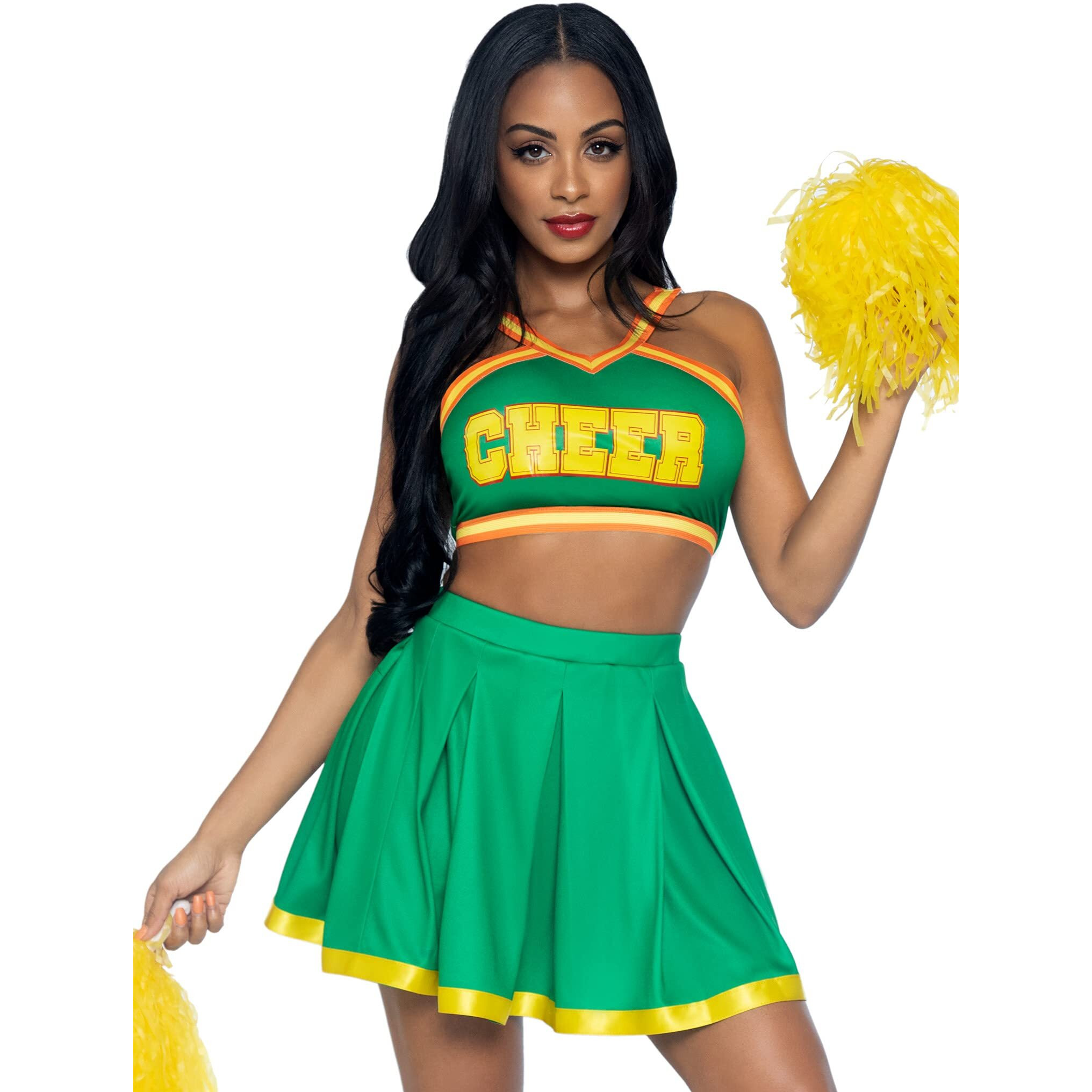 Leg Avenue Women's 3 Pc Cheerleader Cutie With Crop Top, Skirt, Pom Poms Adult Sized Costumes, Multi, Small Medium US