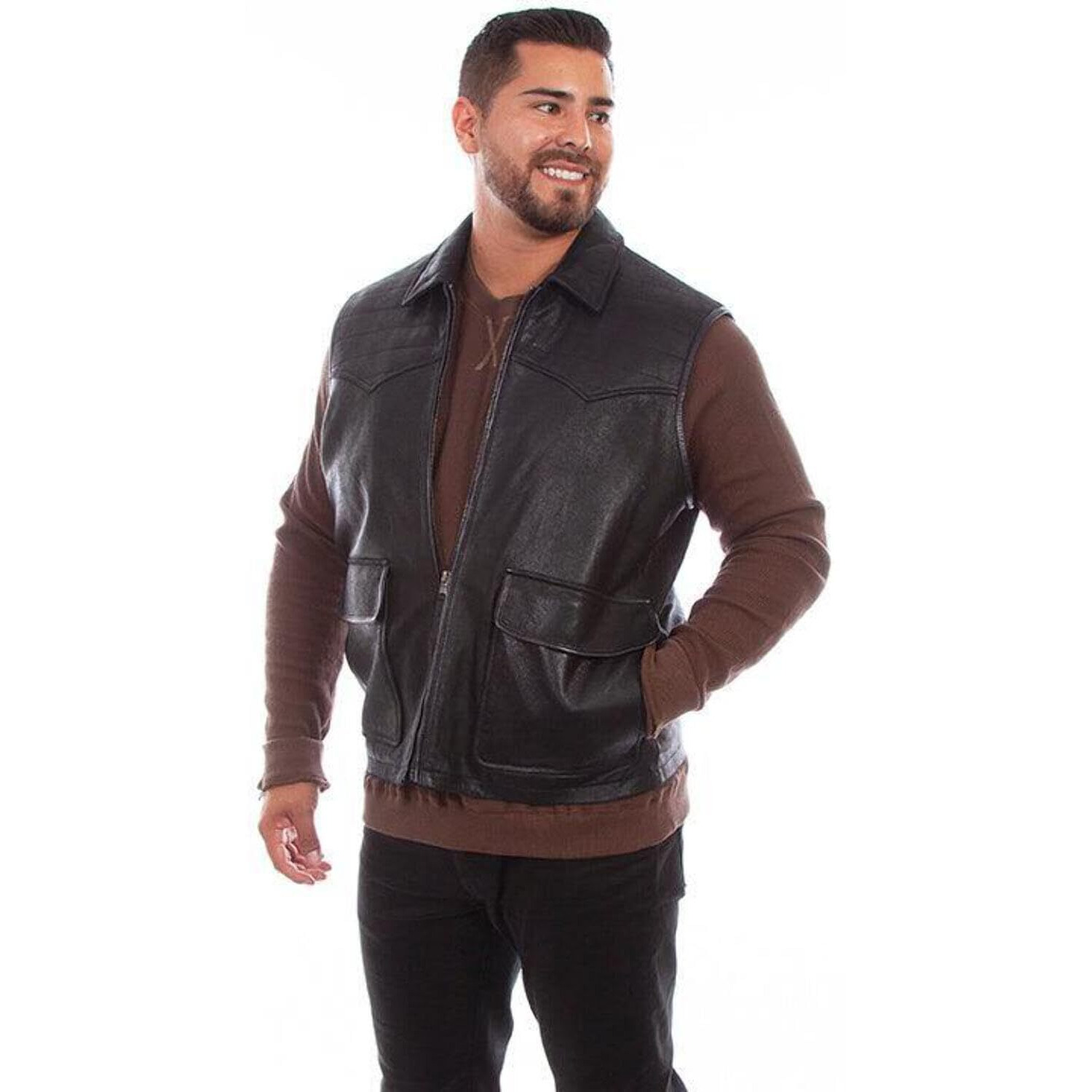 Scully Western Vest Mens Leather Zip Front Lined L Navy F0_1079