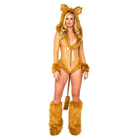 Adult Jungle Ruler Costume | Women's 1PC Furry Lion Hooded Bodysuit with Attached Tail, Jane Queen Lioness Romper Small