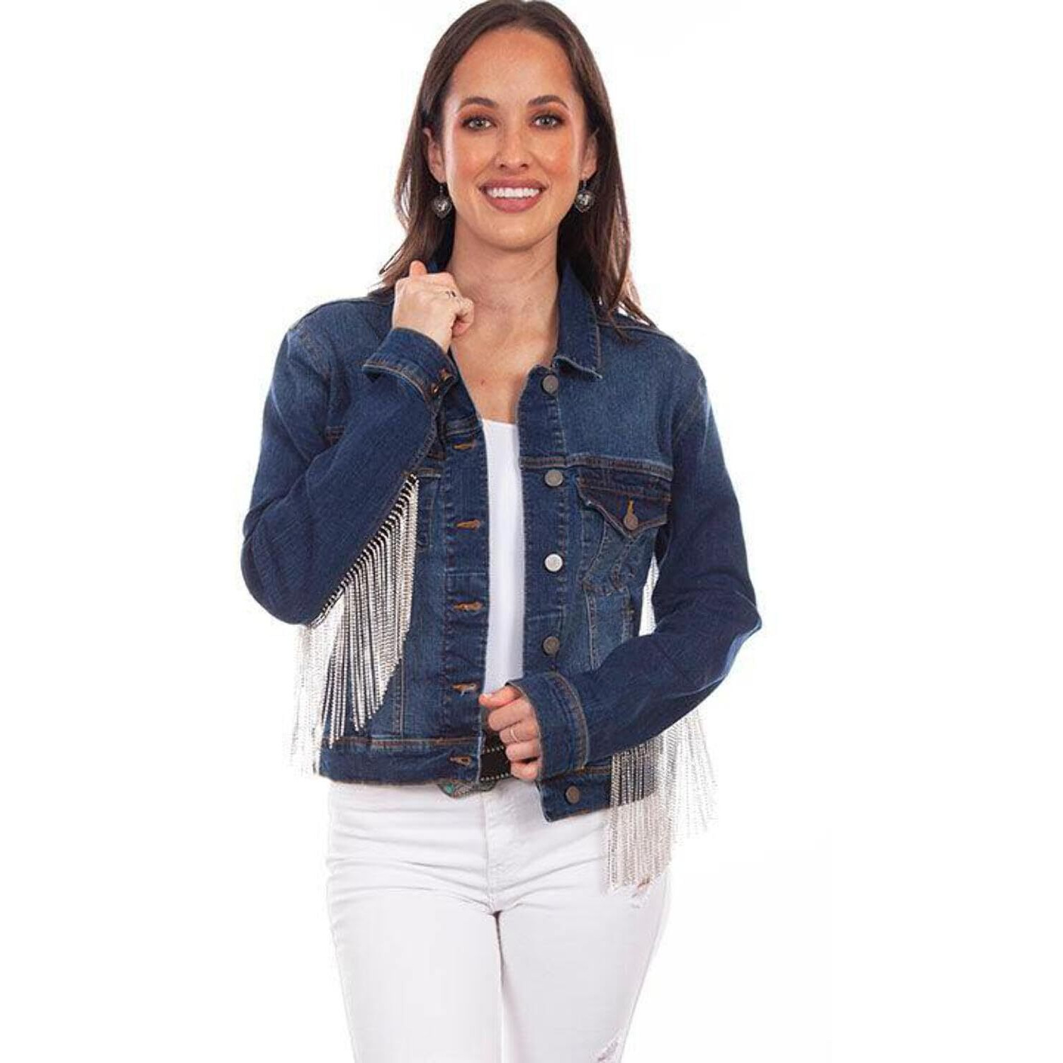 Scully Western Jacket Women Button Rhinestone Fringe 4X Denim F0_HC792