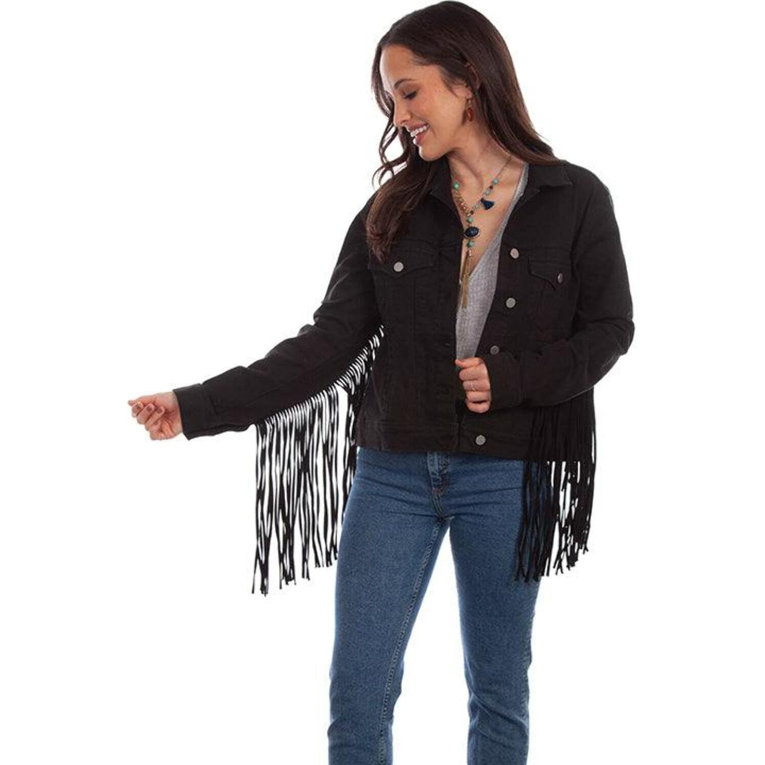Scully Womens Black Cotton Blend Fringe Jean Denim Jacket XXL