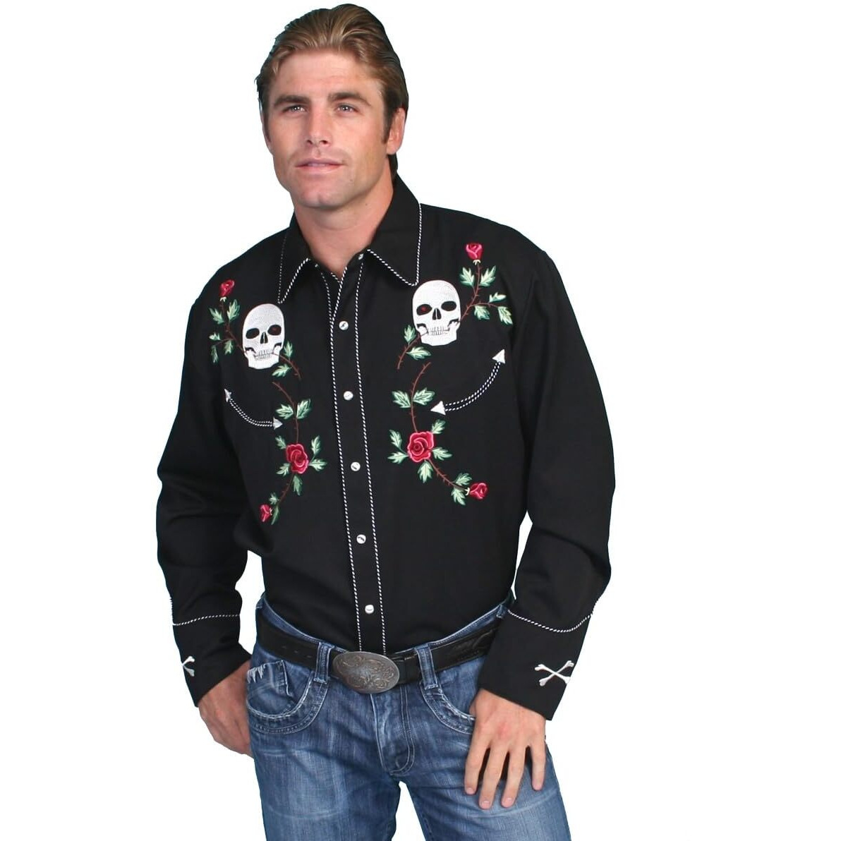Scully Skull and Roses Embroidered Snap Front Shirt P771 BLK **, Black, Medium