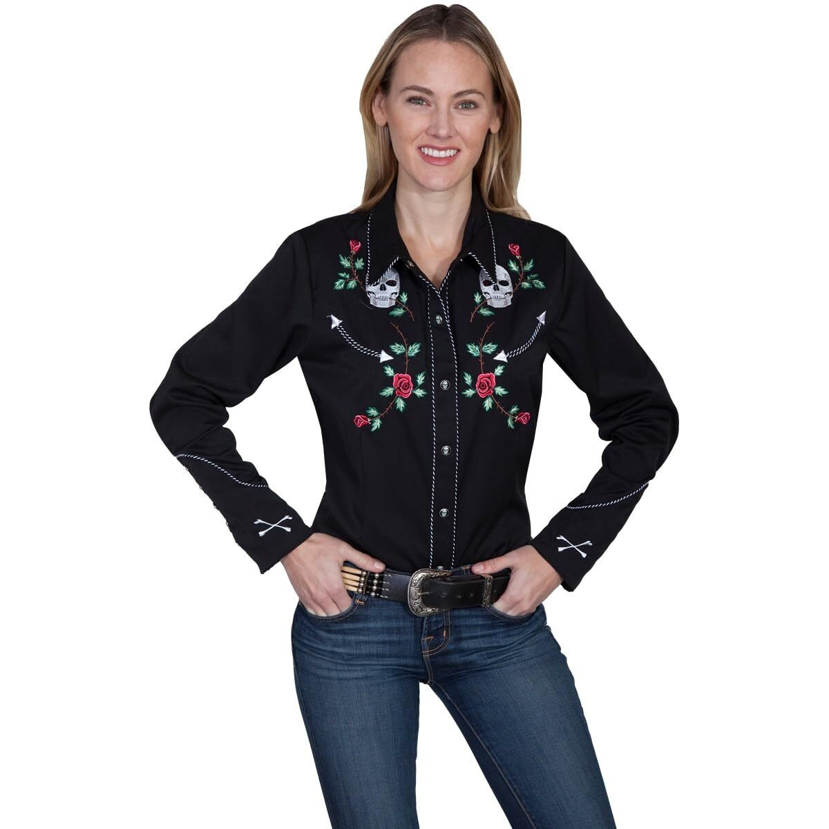 Scully Skulls and Roses Embroidered snap frot Western Shirt PL771 BLK ***, Black, Medium