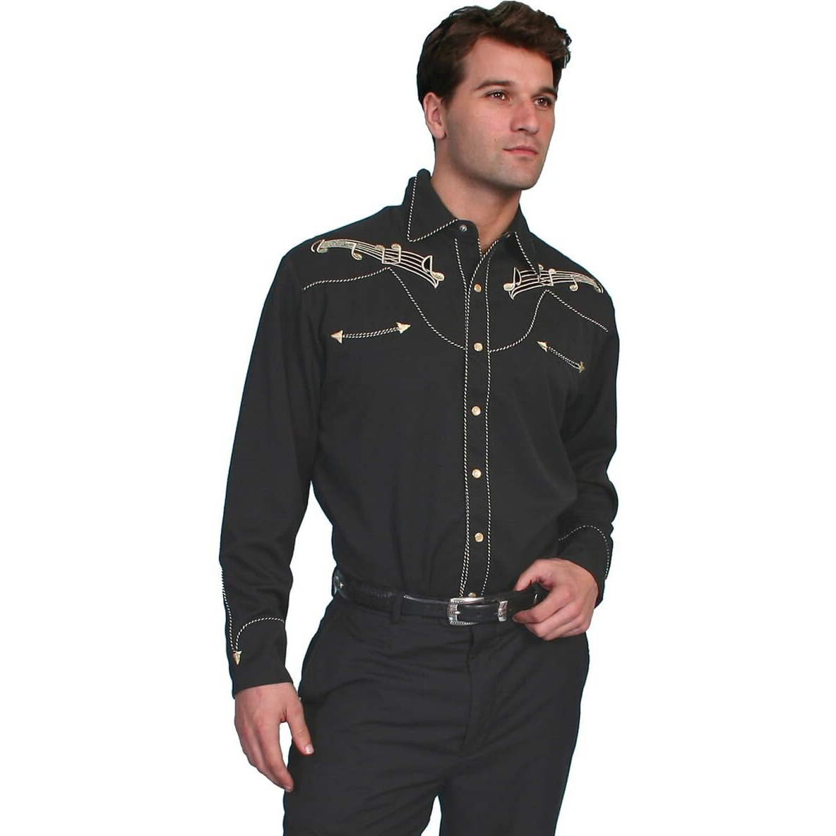 Scully Gold Embroidered Musical Note Snap Front Shirt P637 BLK **, Black, Large