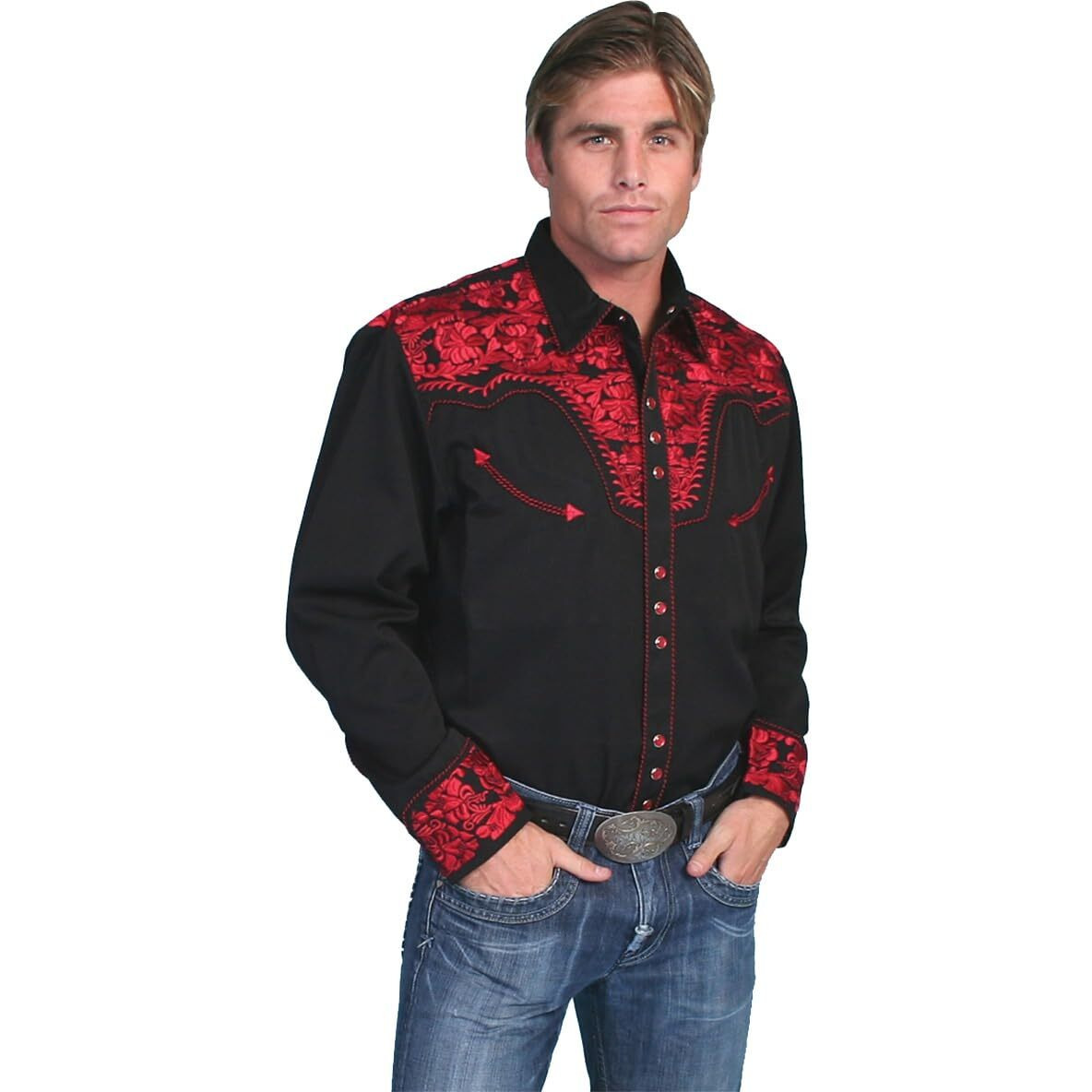 Scully Men's P-634 Embroidered Floral Western Shirt (Crimson, Medium)
