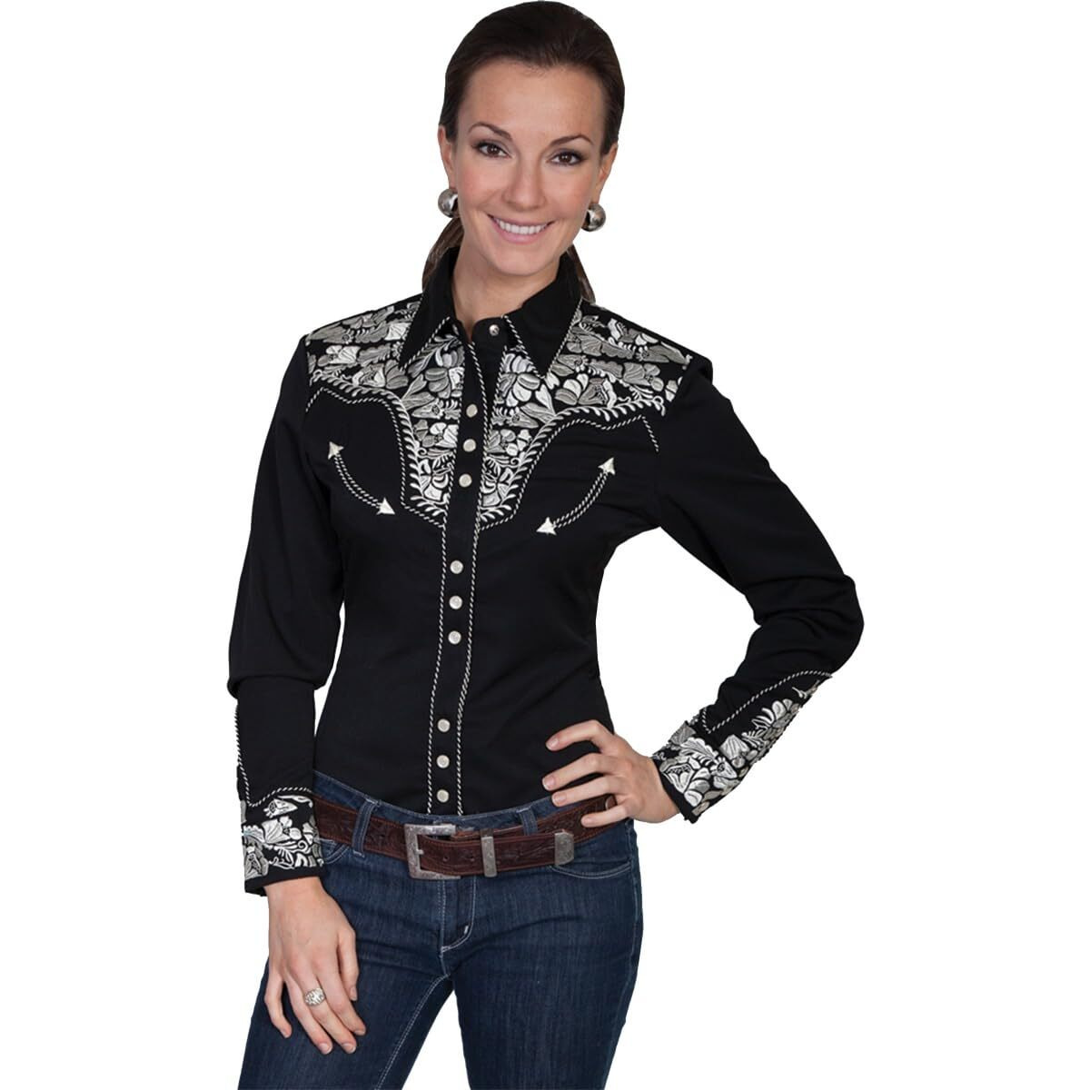 Scully Floral Embroidered snap Front Western Shirt PL654 SIL **, Silver, Small