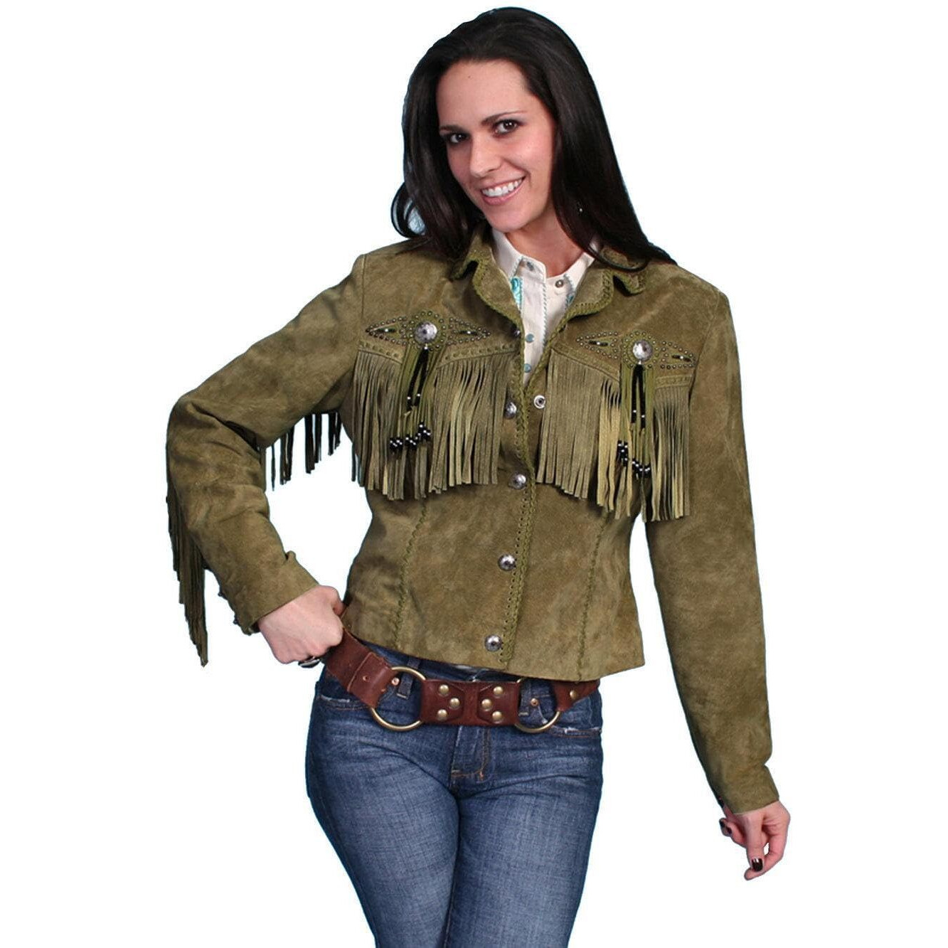 Scully Women's Fringe and Beaded Jacket - L152-OLIVE US